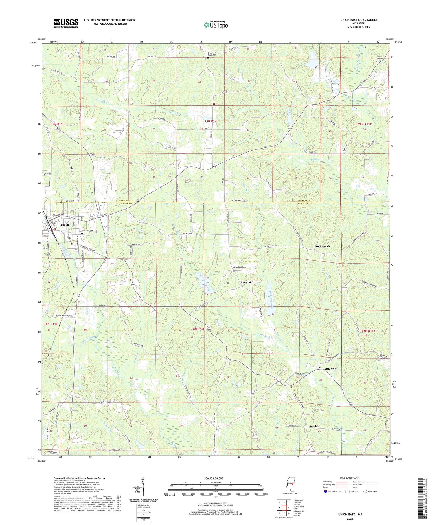 Union East Mississippi US Topo Map Image