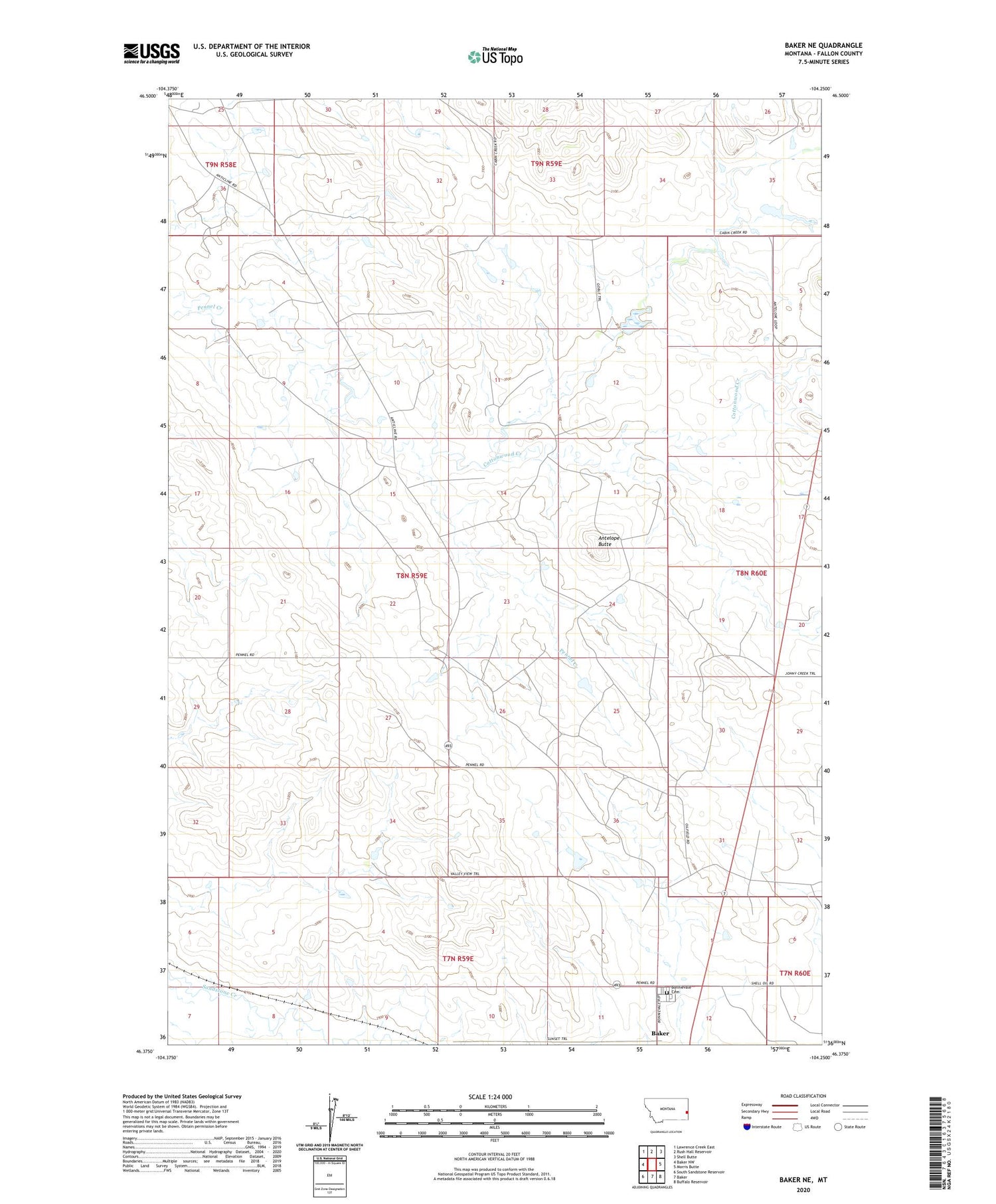 Baker NE Montana US Topo Map Image