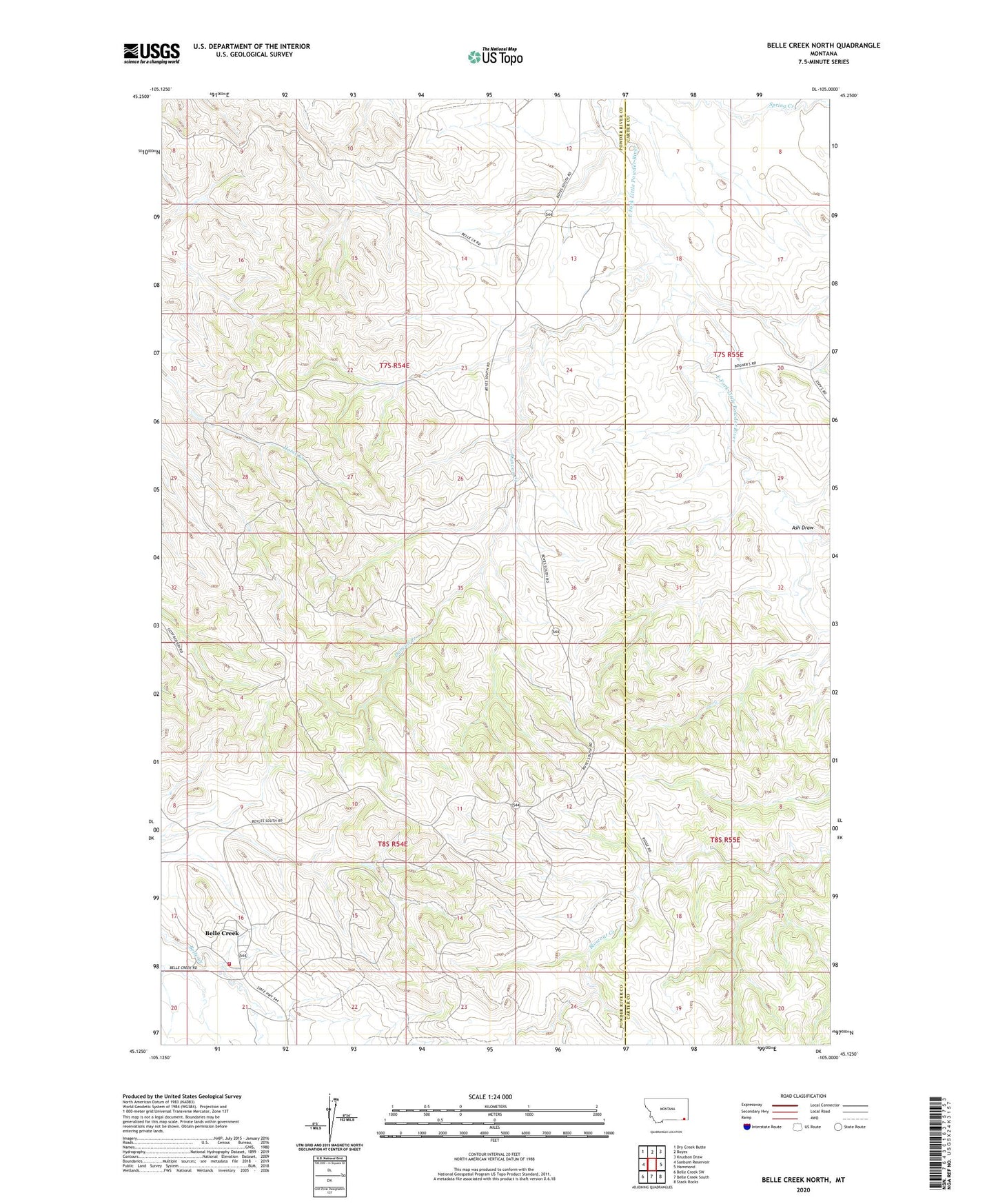 Belle Creek North Montana US Topo Map Image
