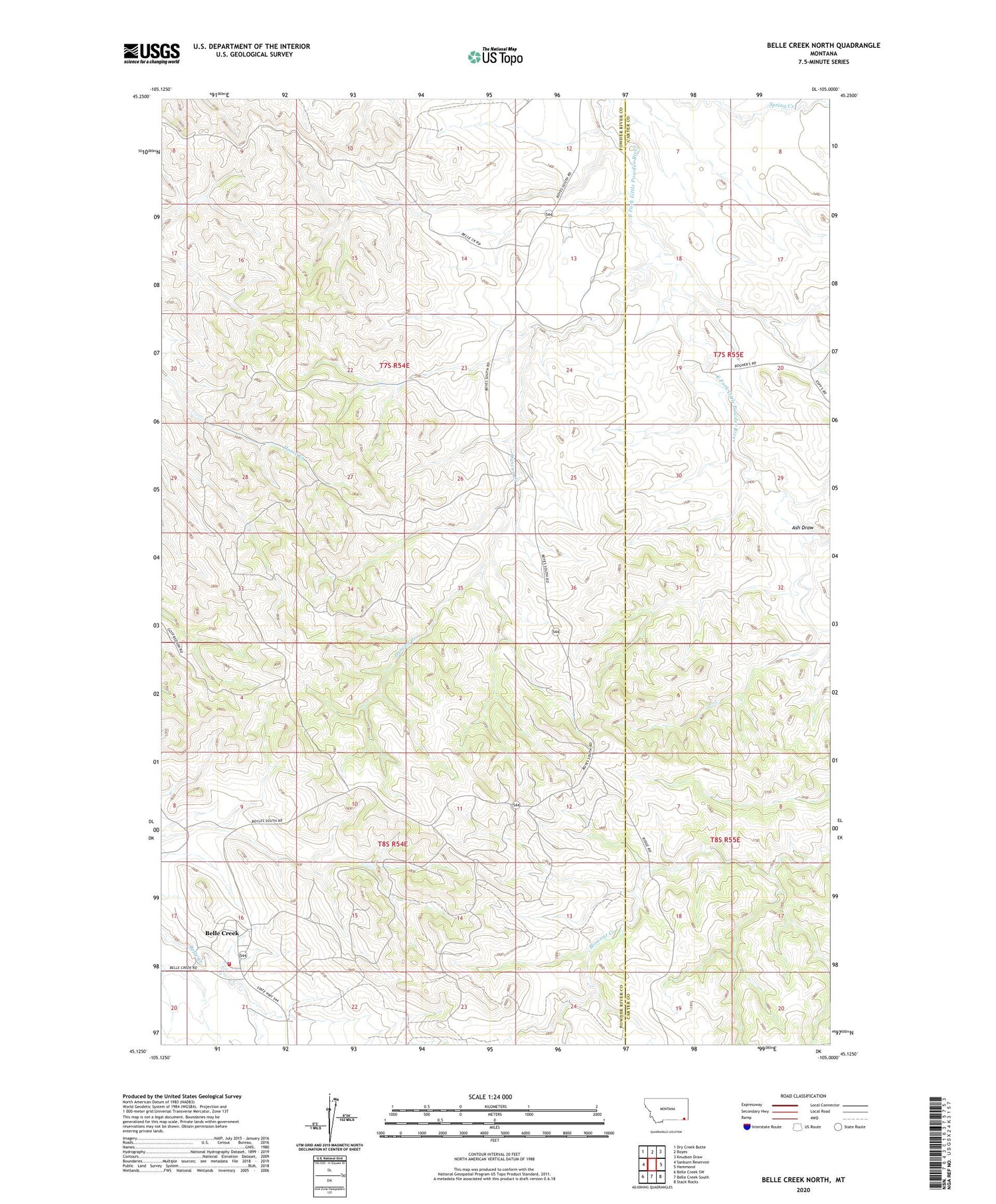 Belle Creek North Montana US Topo Map Image