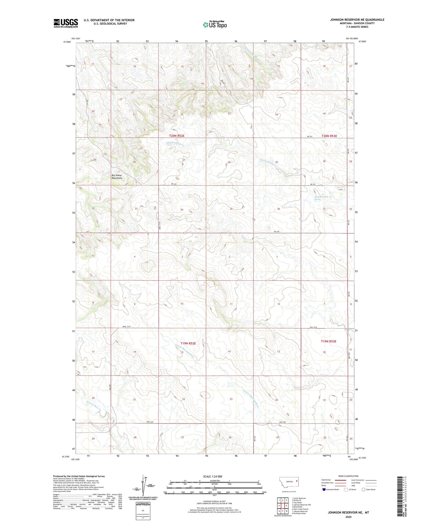 Johnson Reservoir NE Montana US Topo Map Image