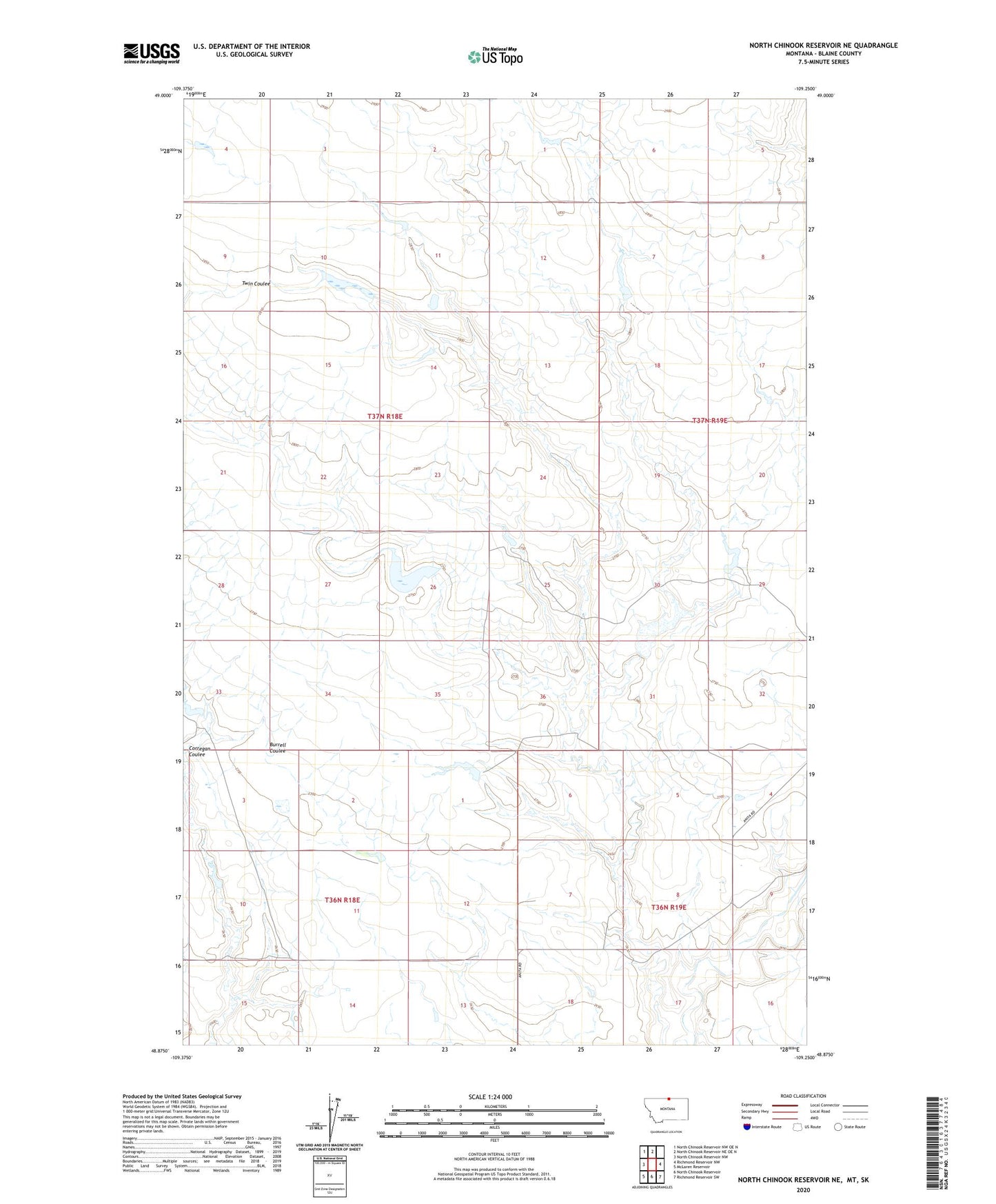 North Chinook Reservoir NE Montana US Topo Map Image