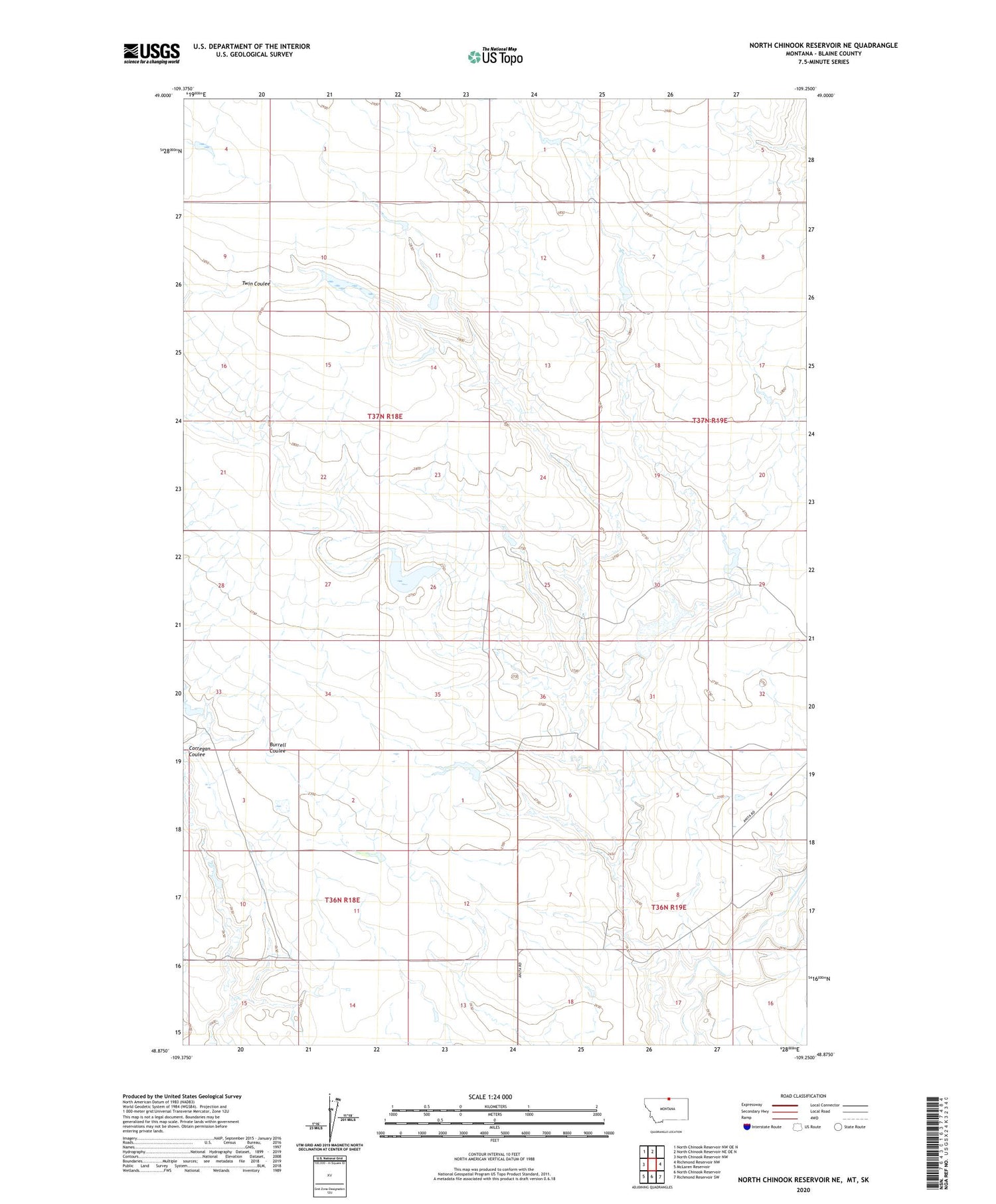 North Chinook Reservoir NE Montana US Topo Map Image