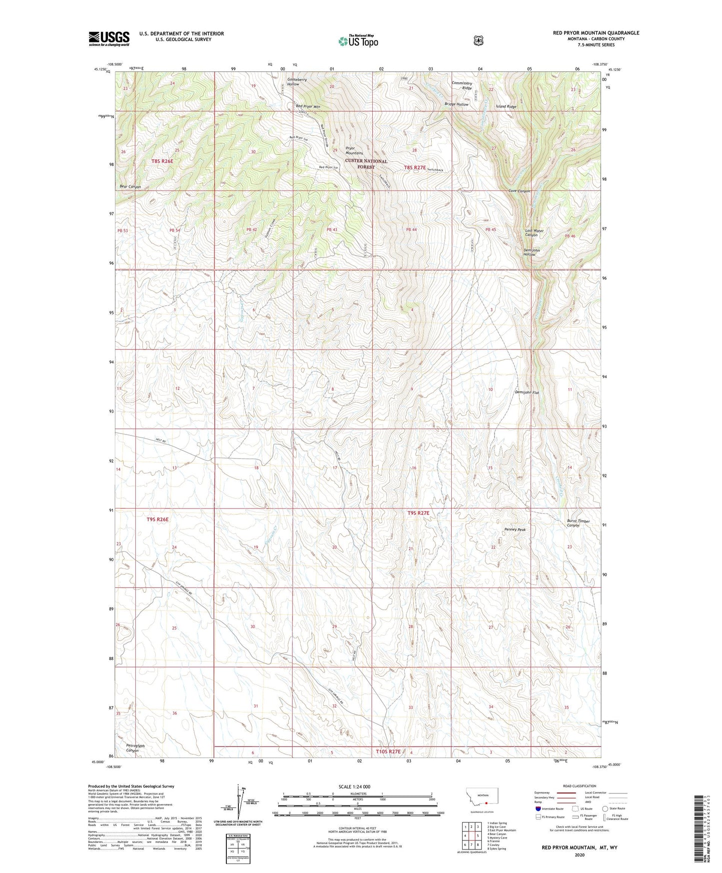 Red Pryor Mountain Montana US Topo Map Image