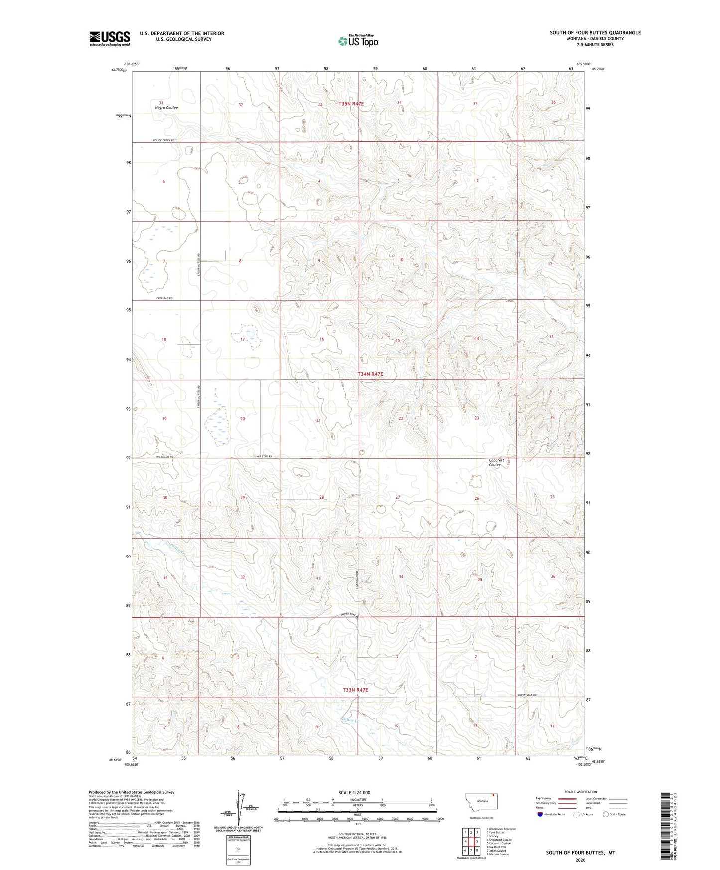 South of Four Buttes Montana US Topo Map Image