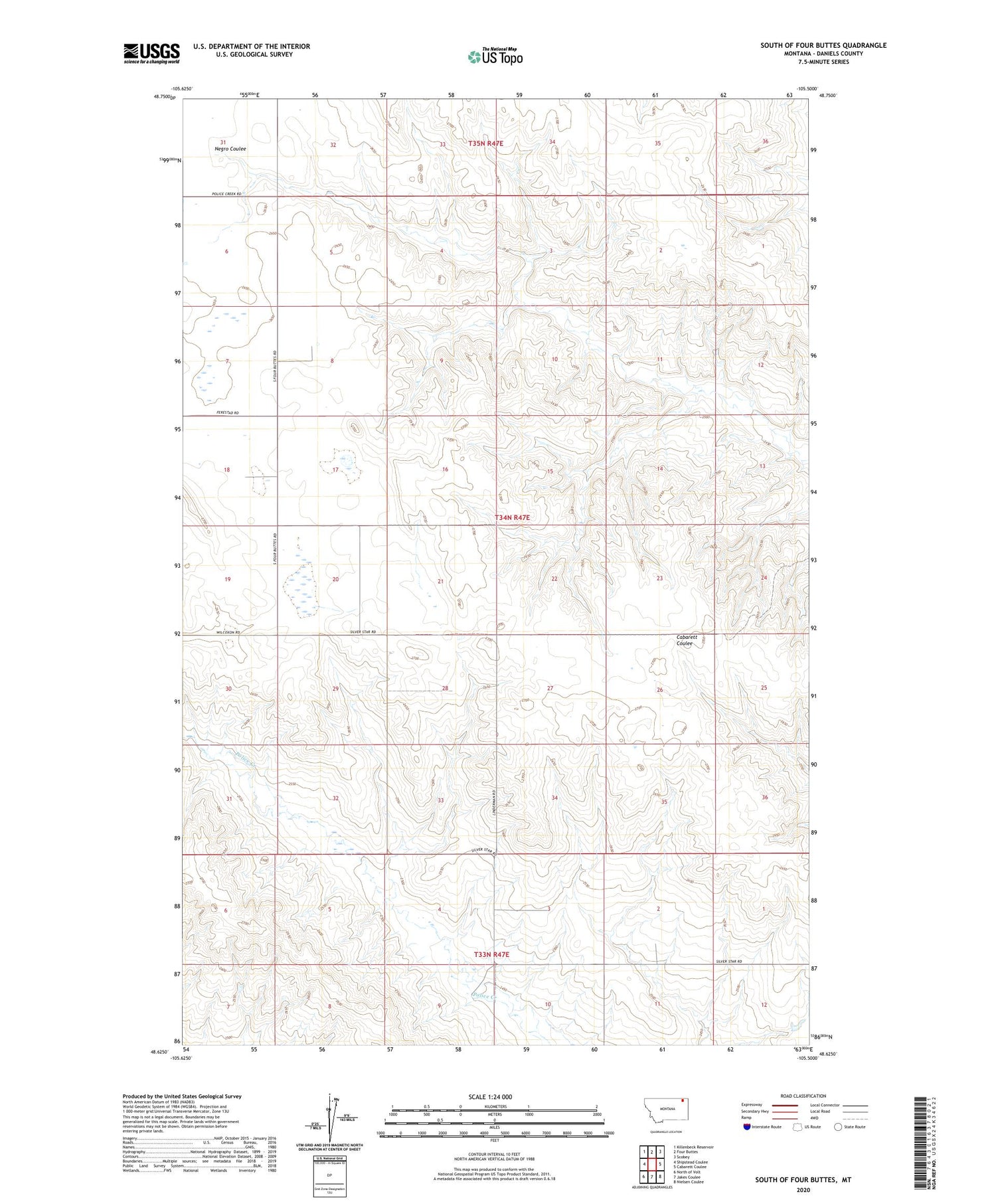 South of Four Buttes Montana US Topo Map Image