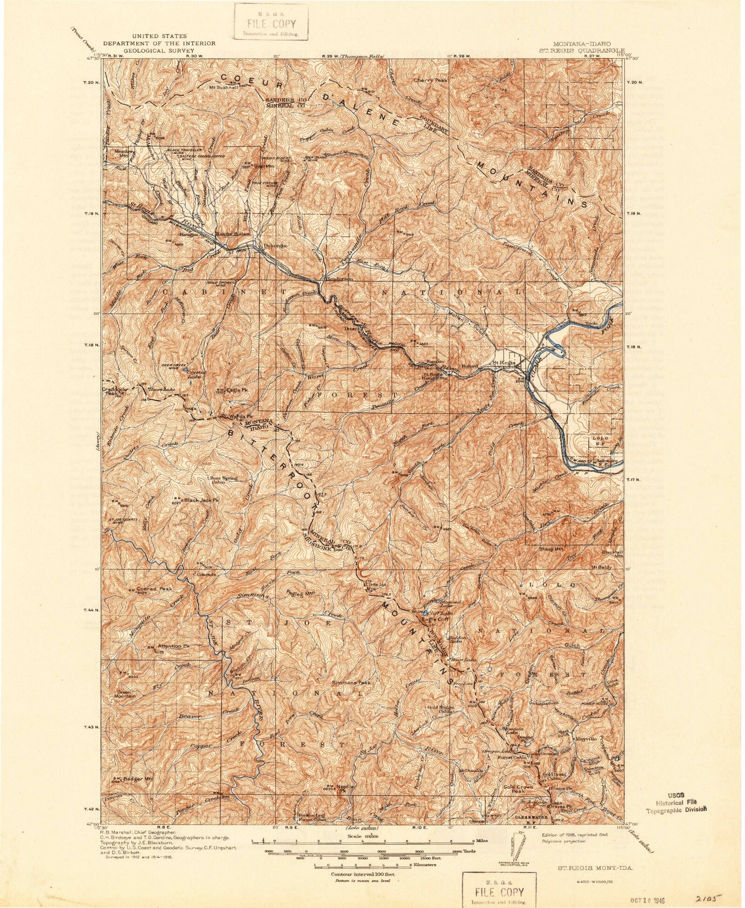 Historic 1918 Saint Regis Montana 30'x30' Topo Map Image