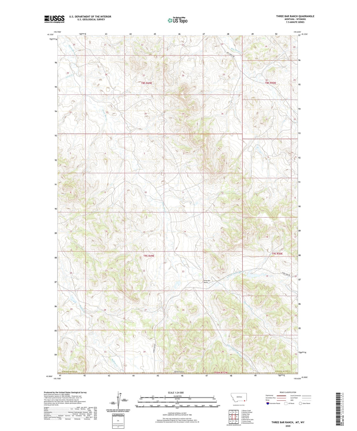 Three Bar Ranch Montana US Topo Map Image