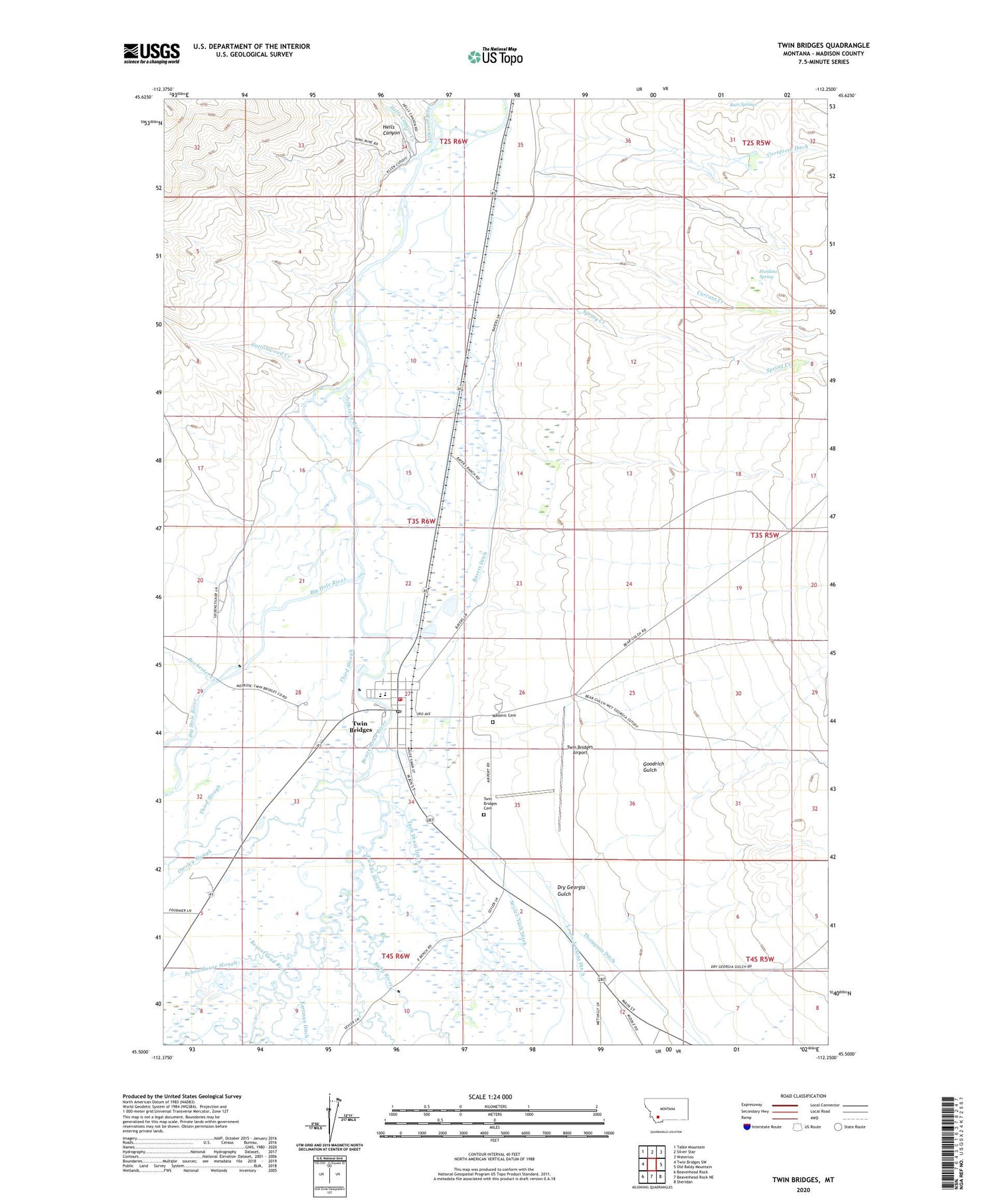 Twin Bridges Montana US Topo Map Image