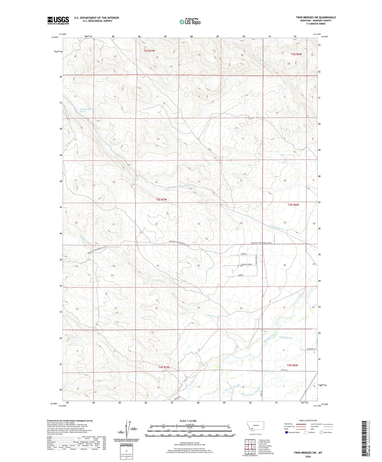 Twin Bridges SW Montana US Topo Map Image