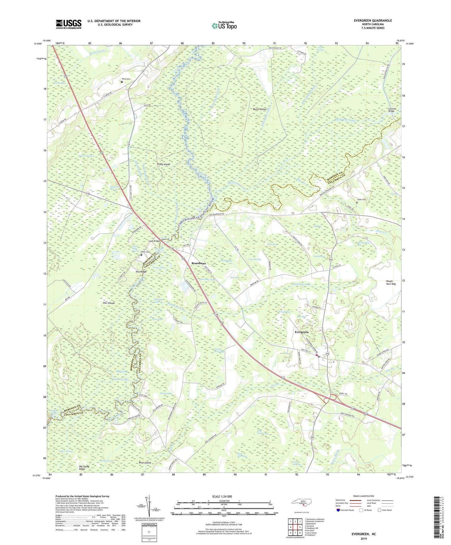 Evergreen North Carolina US Topo Map Image