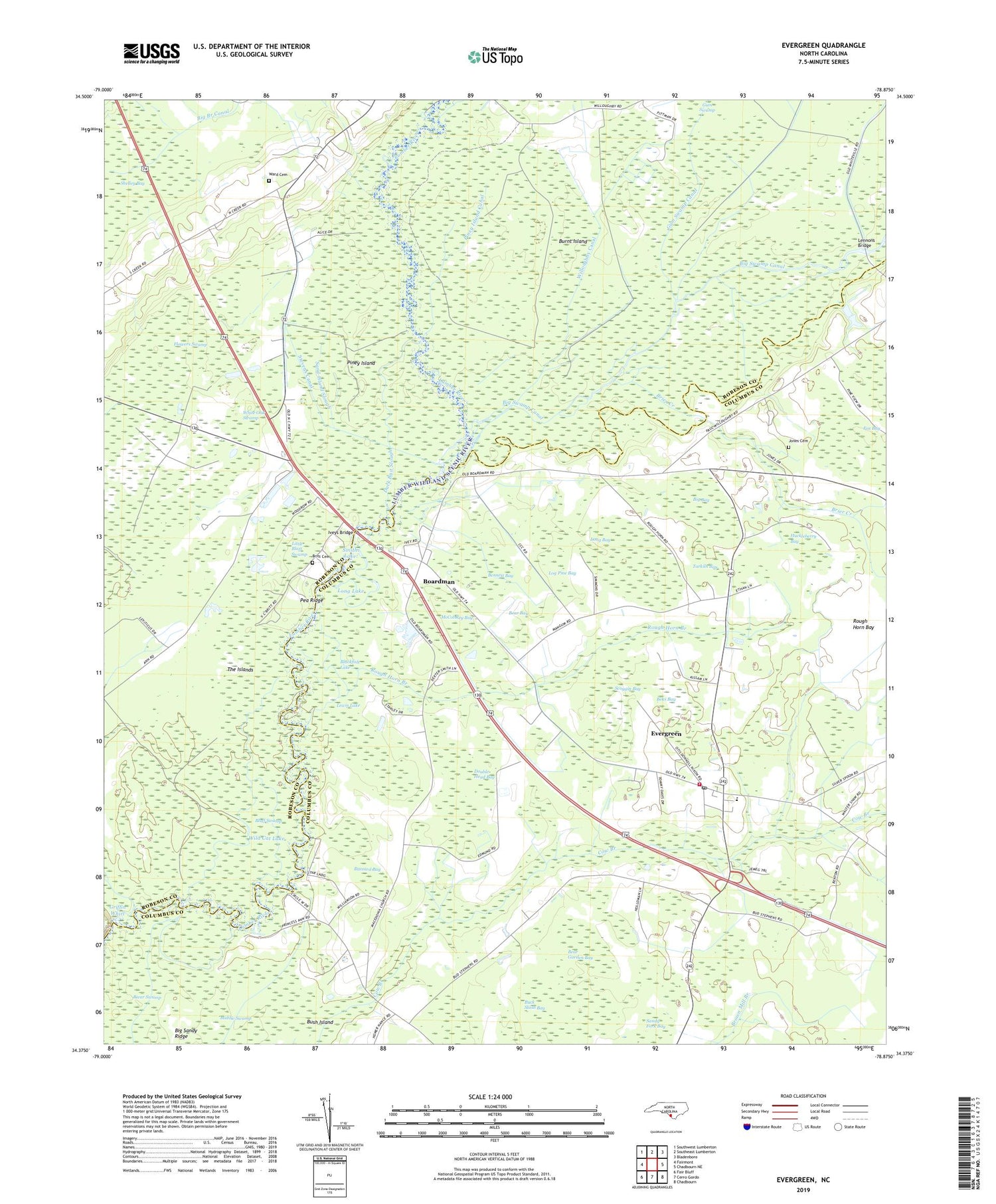 Evergreen North Carolina US Topo Map Image