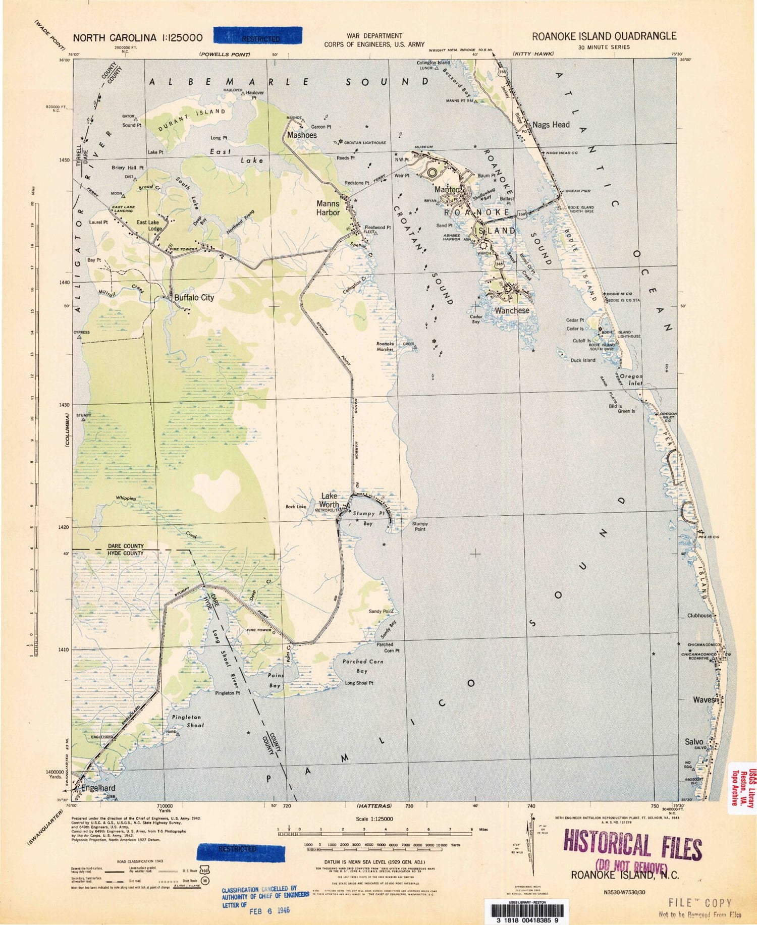 Historic 1943 Roanoke Island North Carolina 30'x30' Topo Map Image
