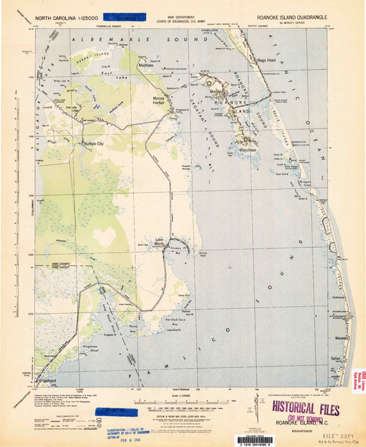 Historic 1943 Roanoke Island North Carolina 30'x30' Topo Map Image