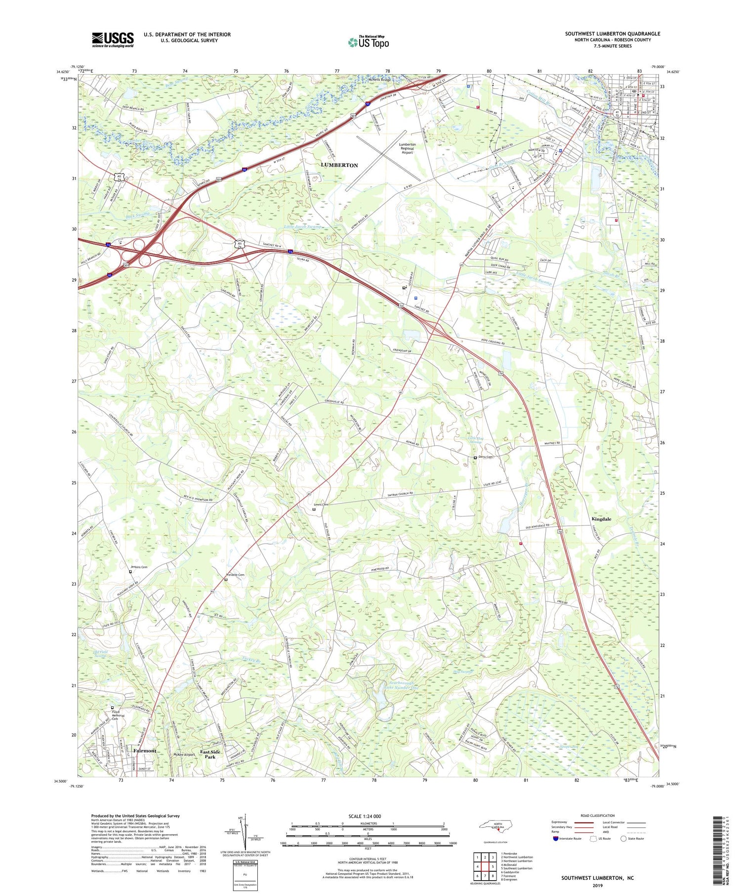 Southwest Lumberton North Carolina US Topo Map Image