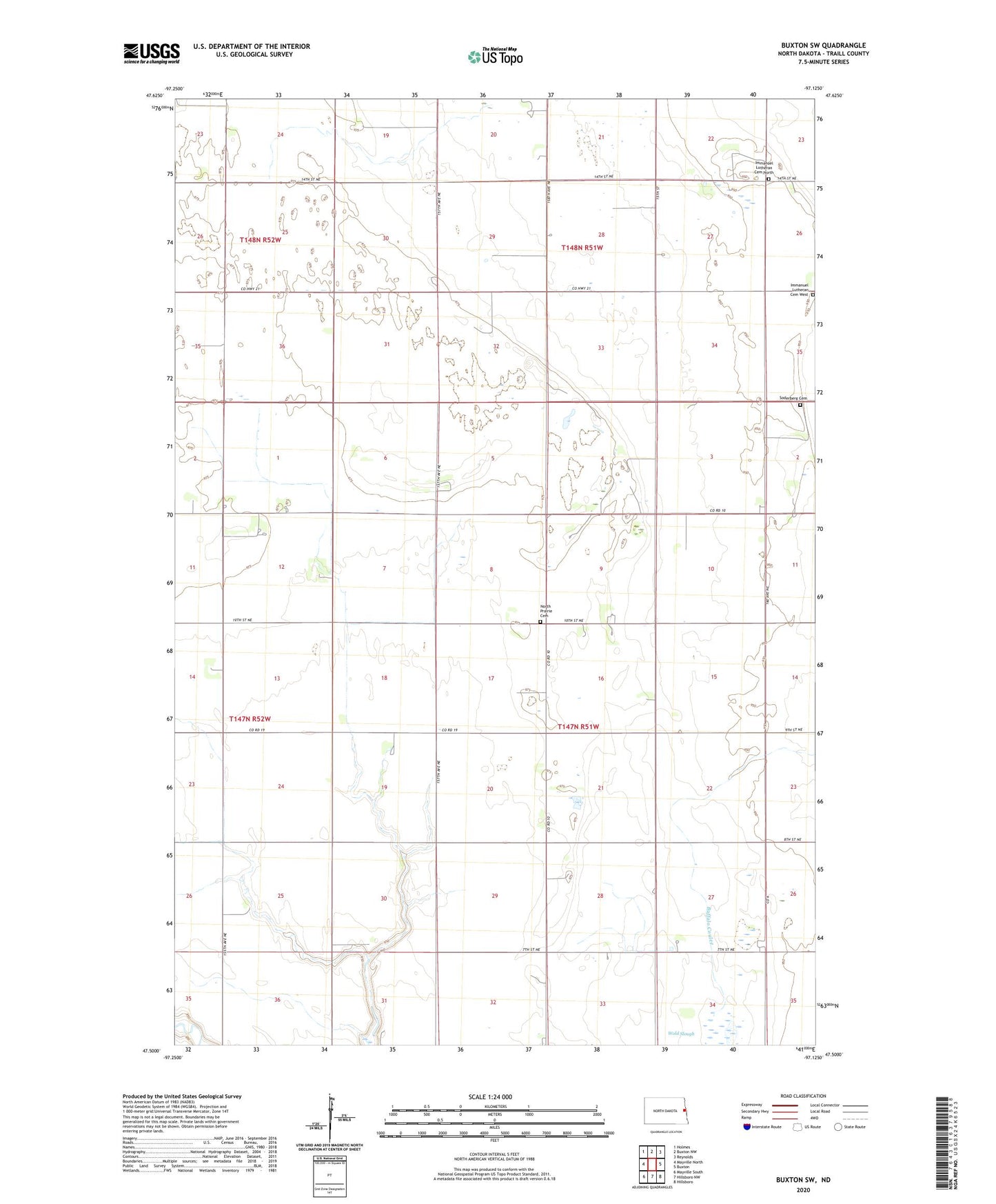 Buxton SW North Dakota US Topo Map Image