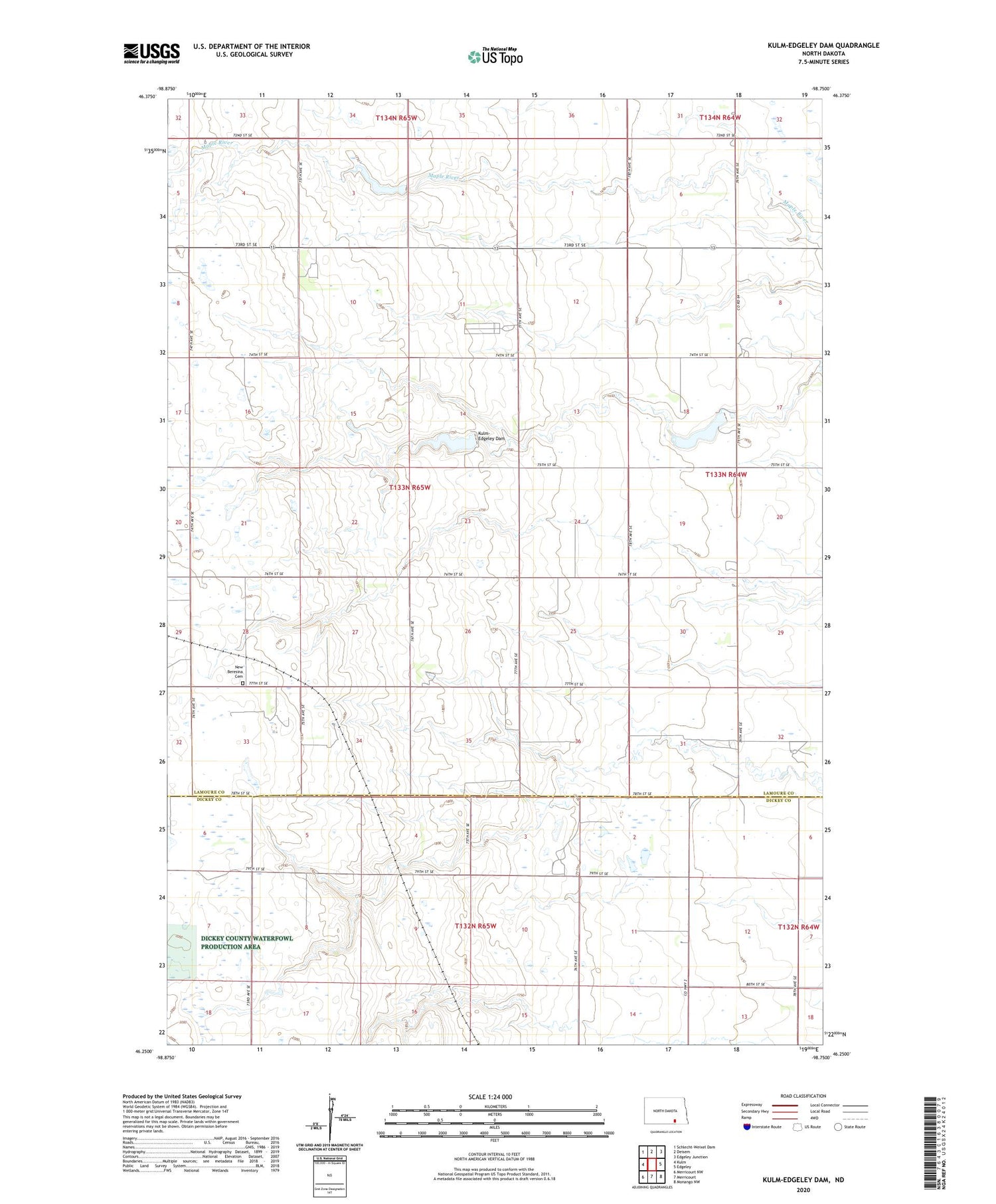Kulm-Edgeley Dam North Dakota US Topo Map Image