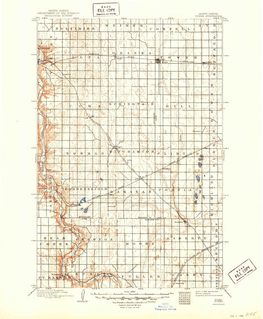 Historic 1897 Tower North Dakota 30'x30' Topo Map Image
