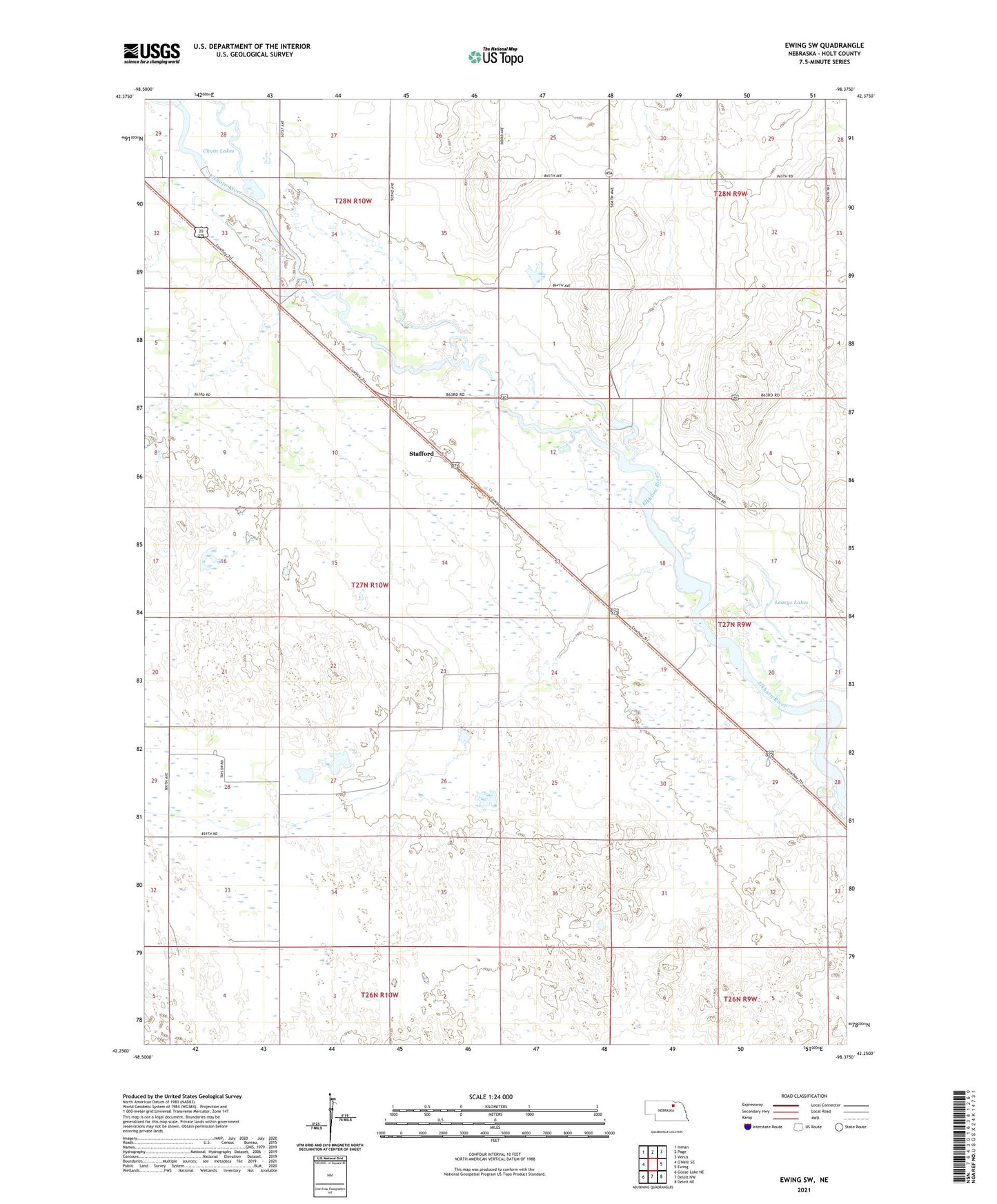 Ewing SW Nebraska US Topo Map Image