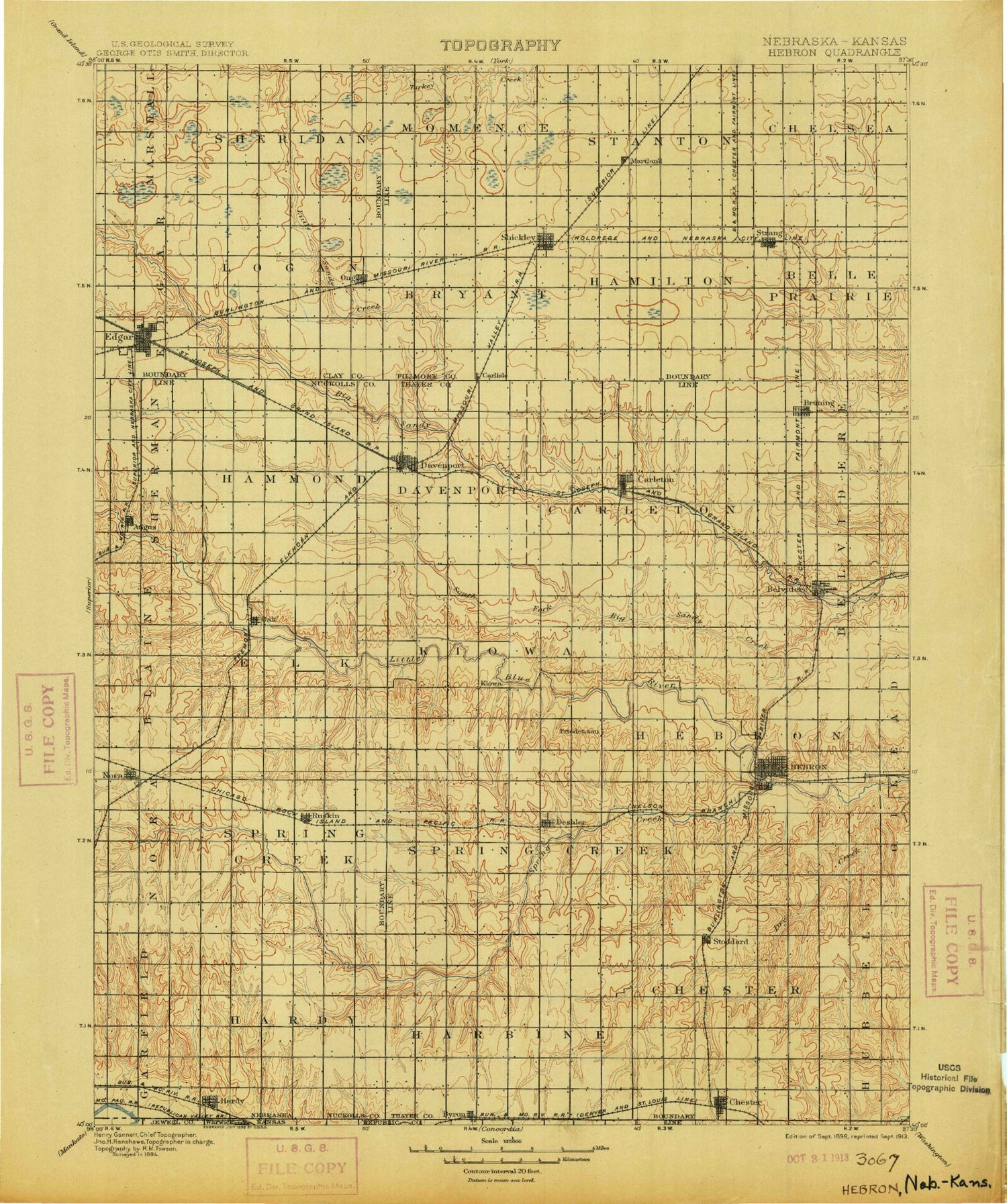 Historic 1898 Hebron Nebraska 30'x30' Topo Map Image