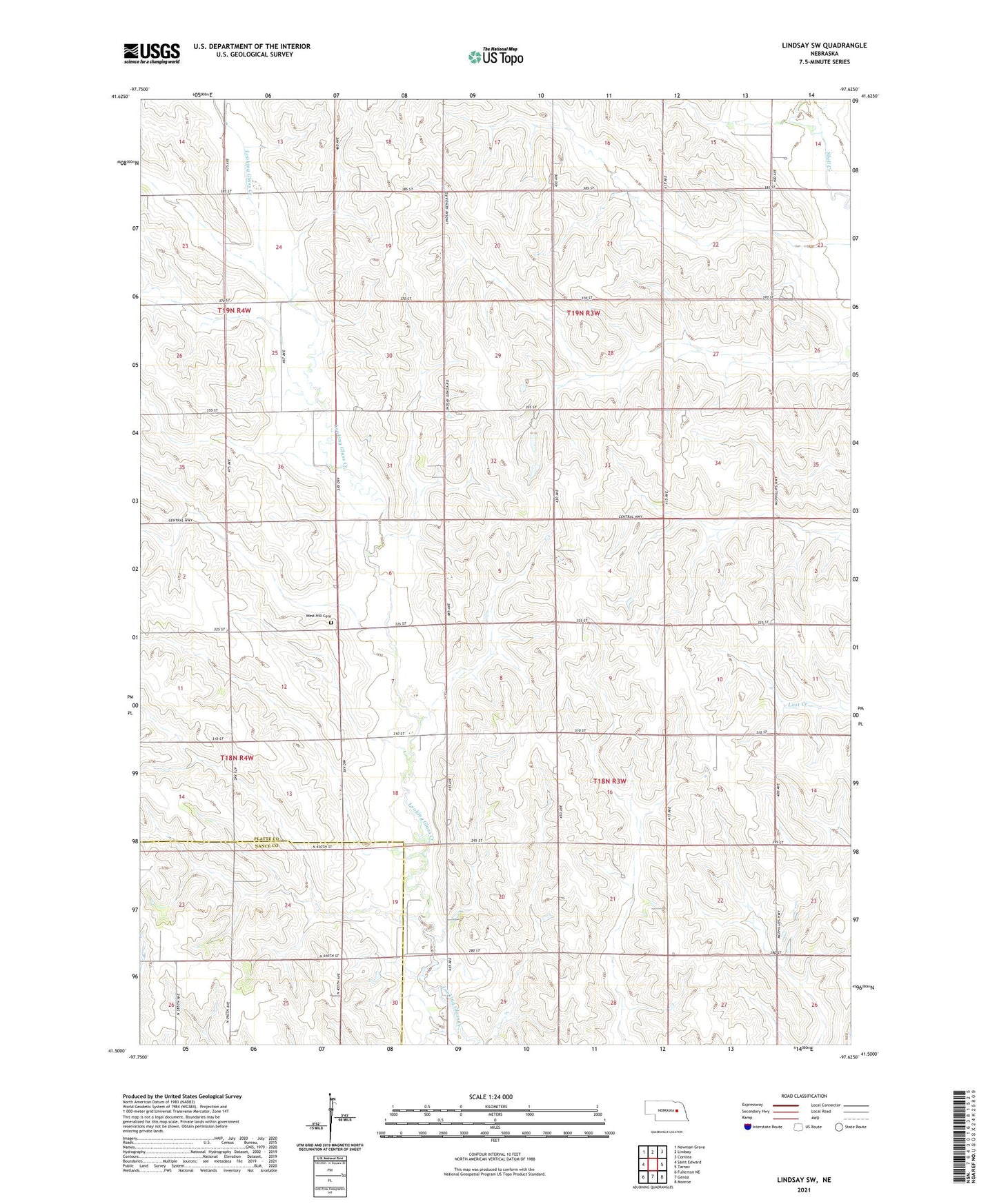 Lindsay SW Nebraska US Topo Map Image