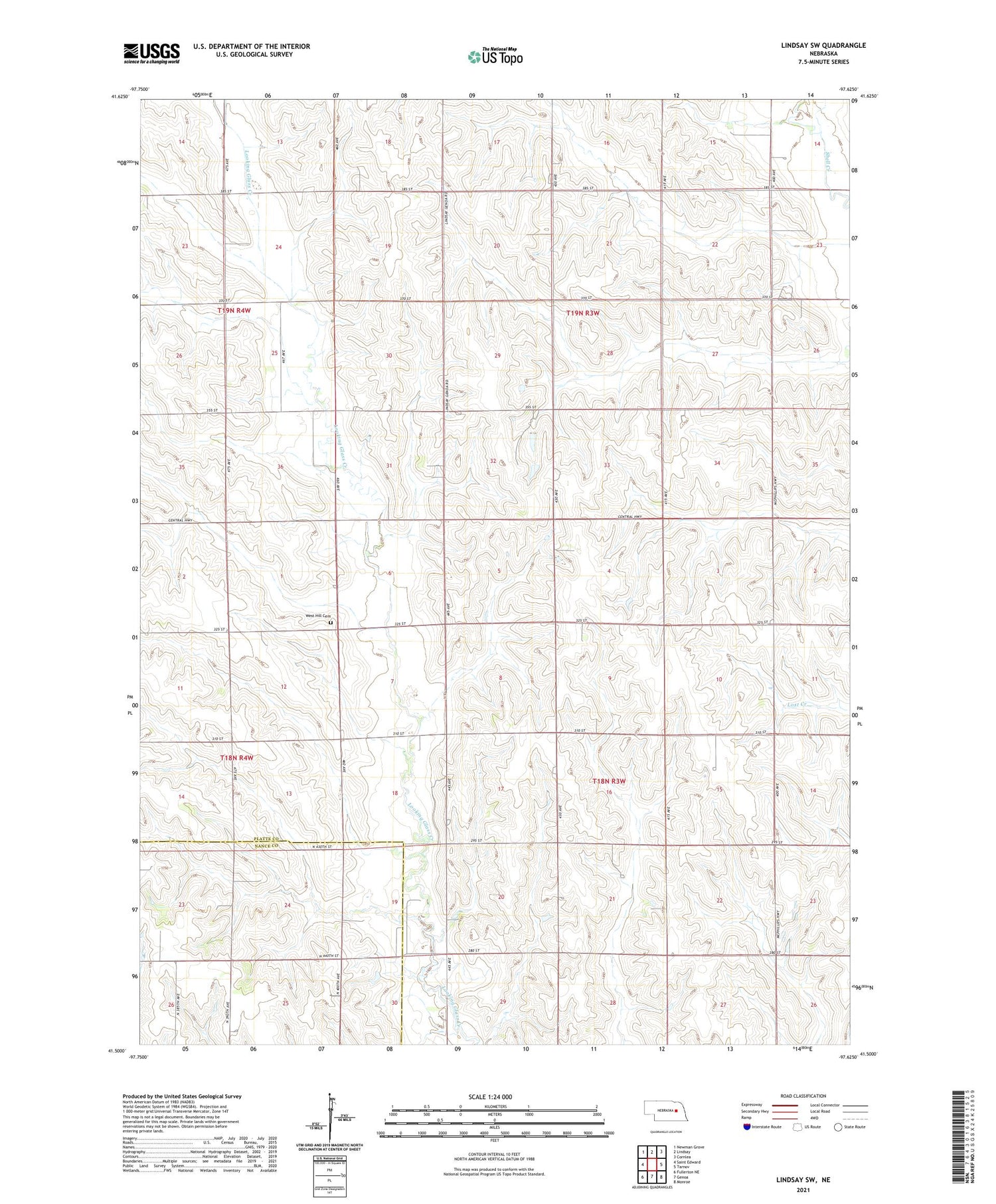 Lindsay SW Nebraska US Topo Map Image