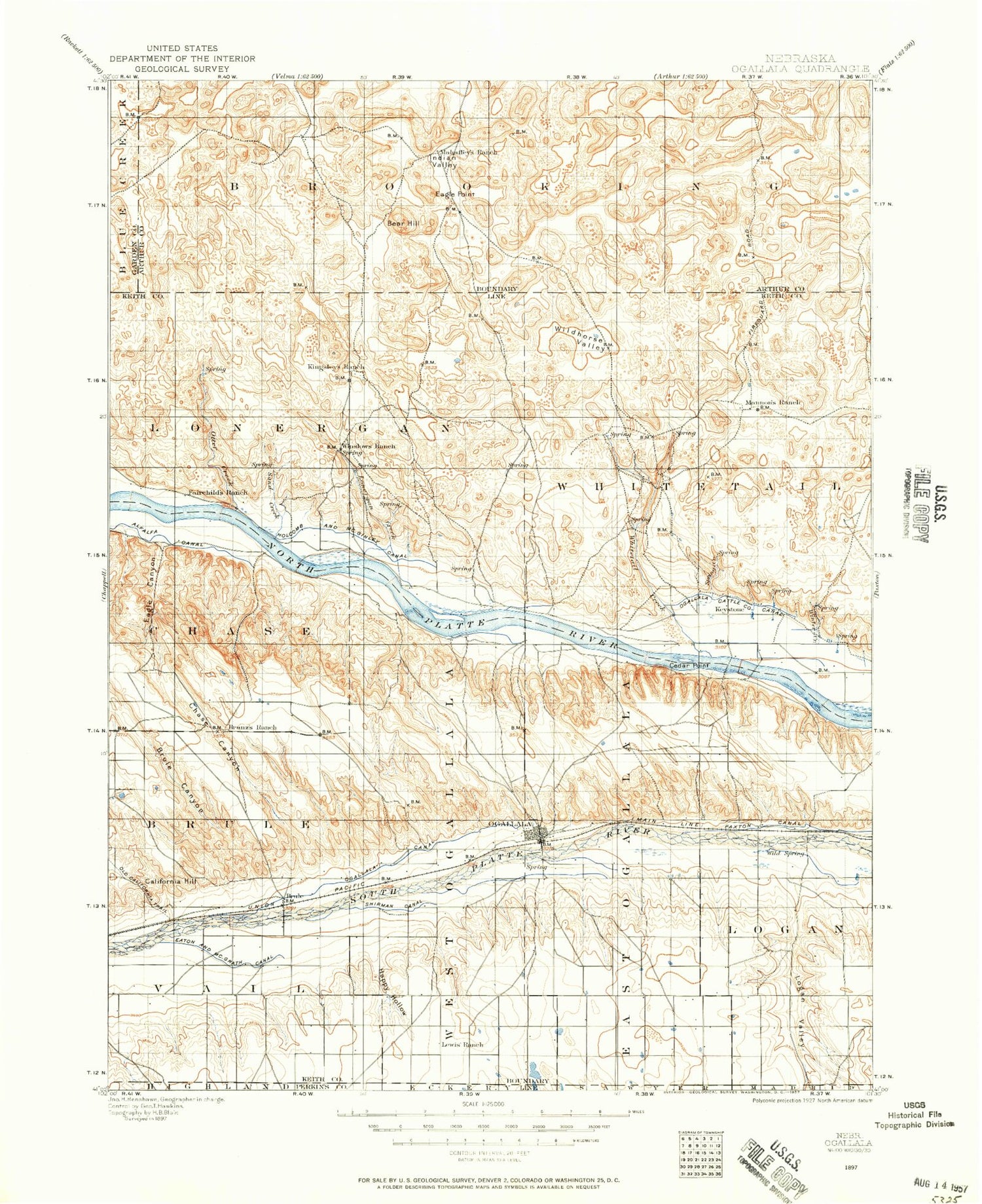 Historic 1897 Ogallala Nebraska 30'x30' Topo Map Image