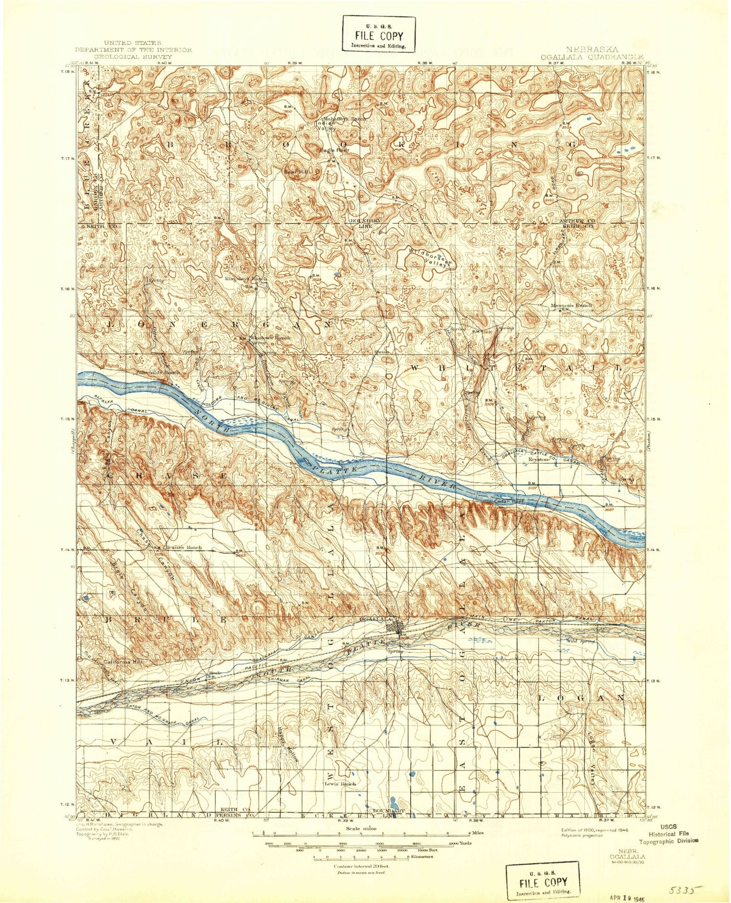 Historic 1900 Ogallala Nebraska 30'x30' Topo Map Image