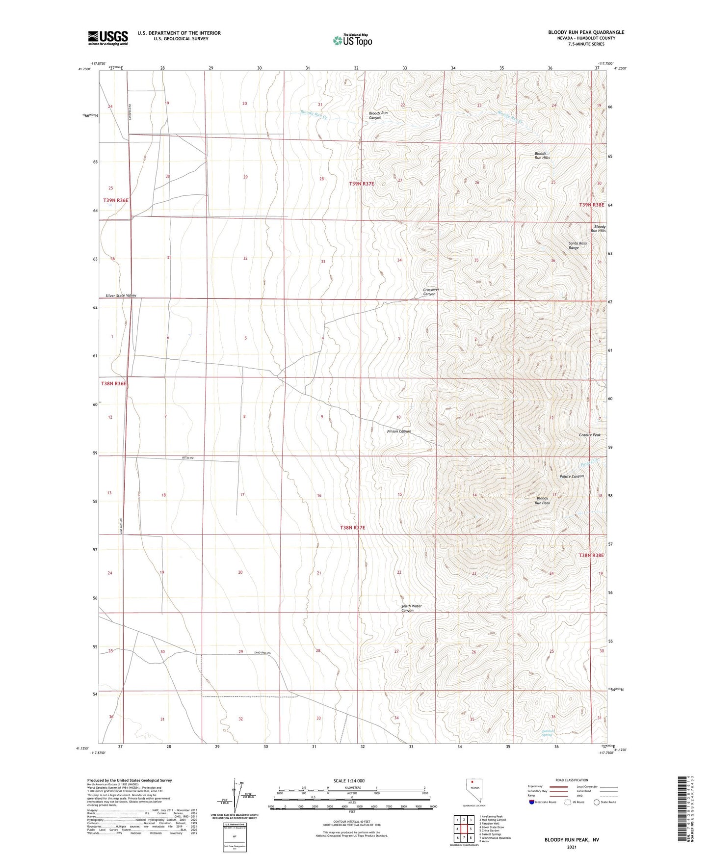 Bloody Run Peak Nevada US Topo Map Image