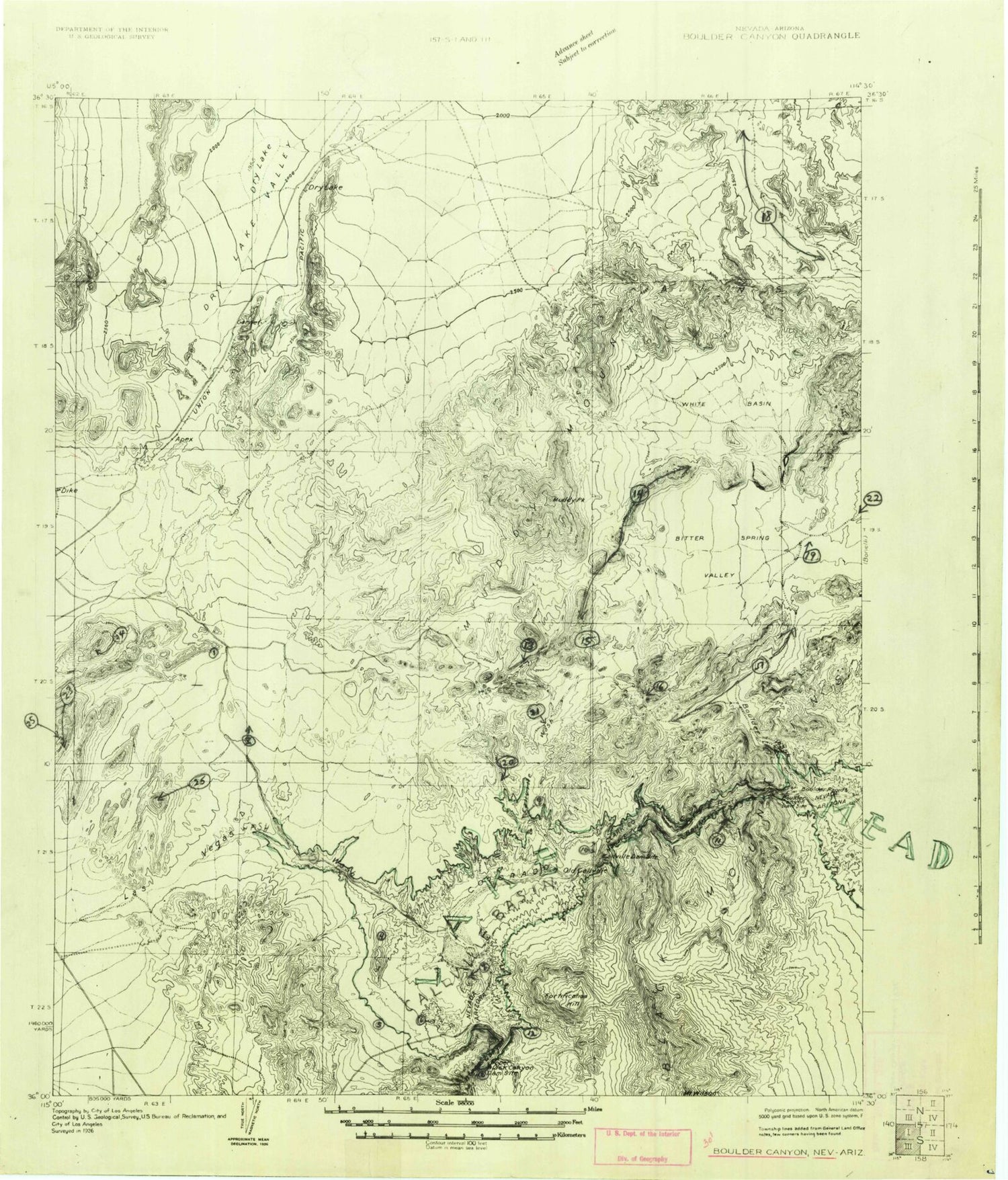 Historic 1926 Boulder Canyon Nevada 30'x30' Topo Map Image