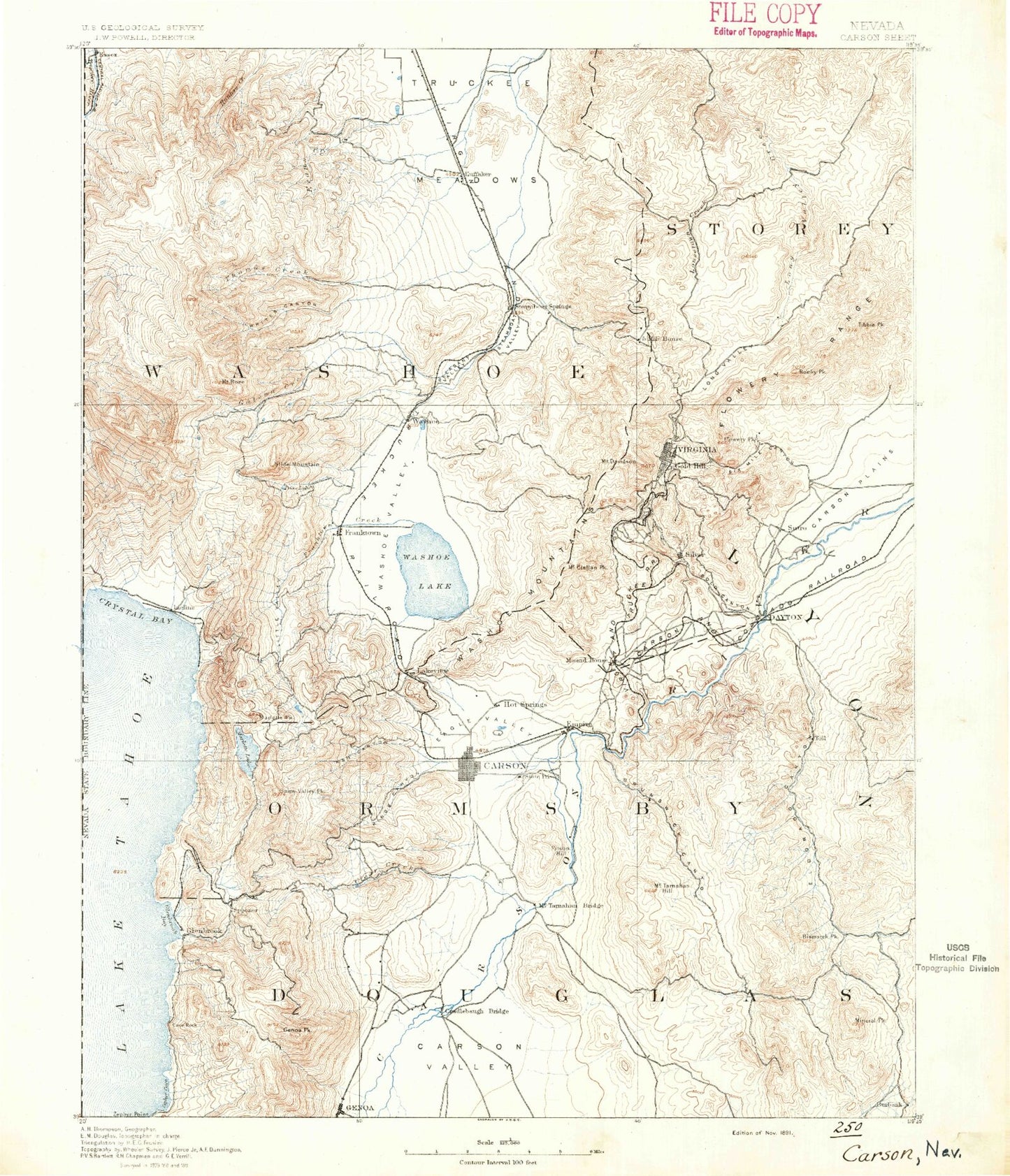 Historic 1891 Carson City Nevada 30'x30' Topo Map Image