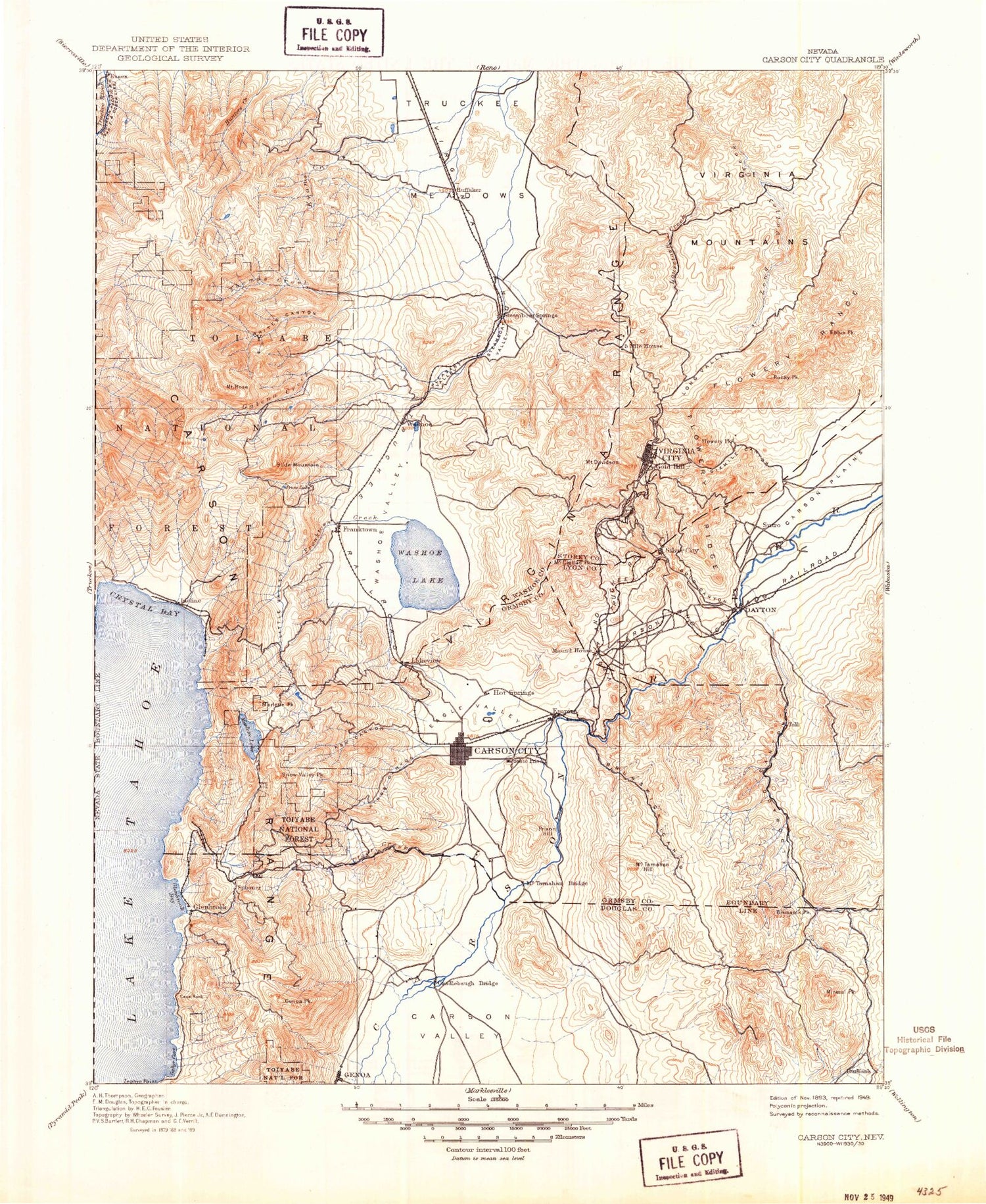 Historic 1893 Carson City Nevada 30'x30' Topo Map Image