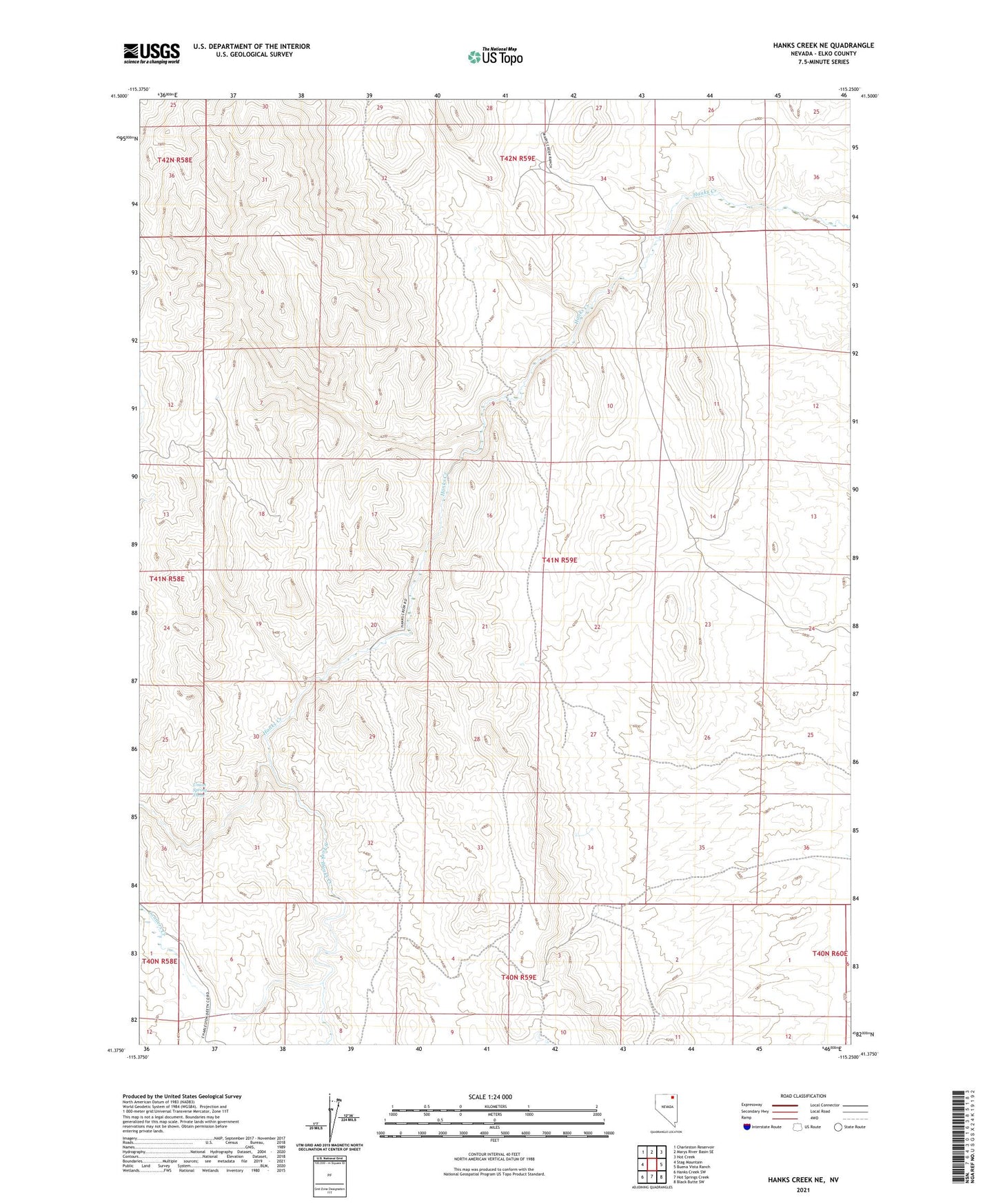 Hanks Creek NE Nevada US Topo Map Image