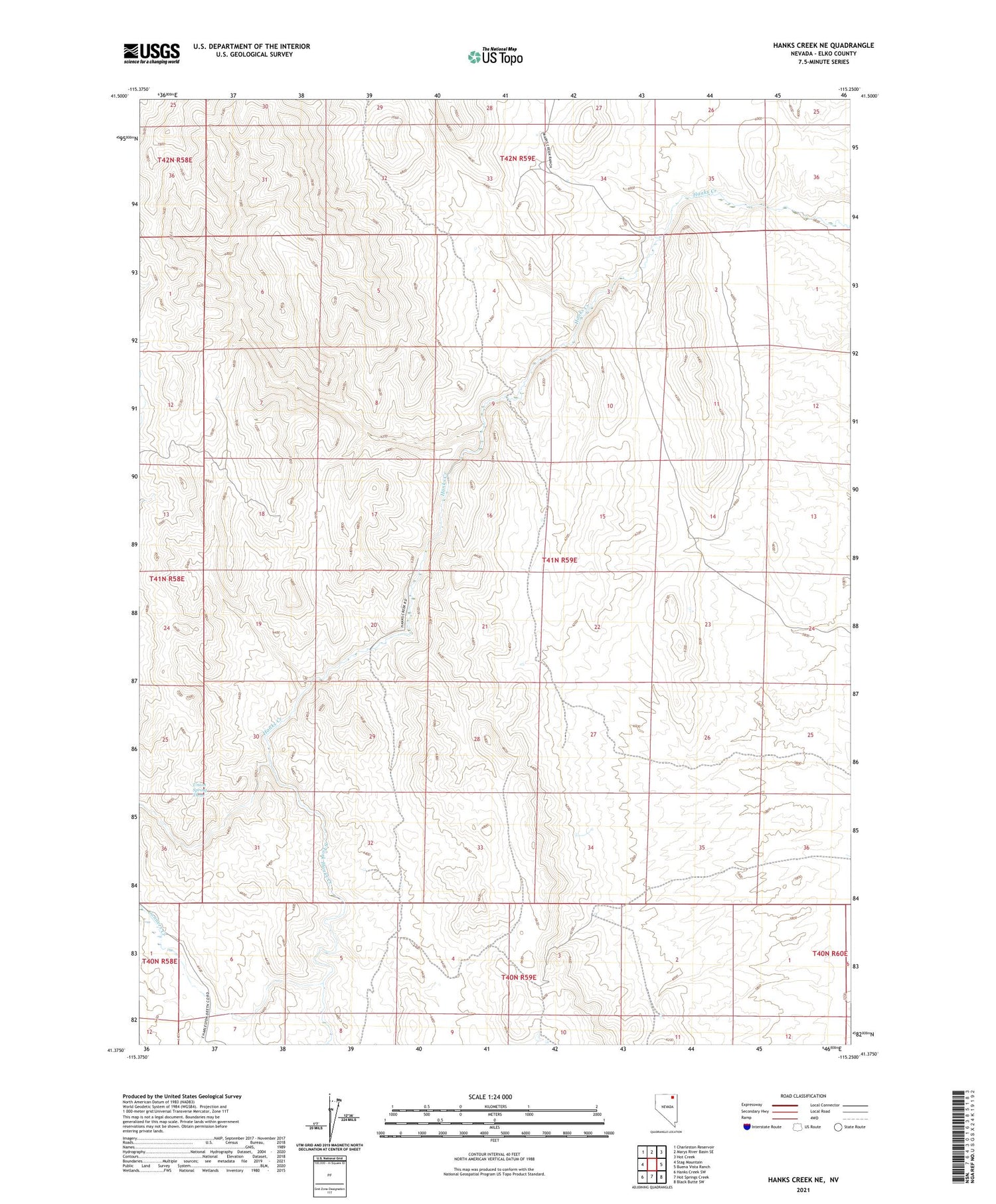 Hanks Creek NE Nevada US Topo Map Image