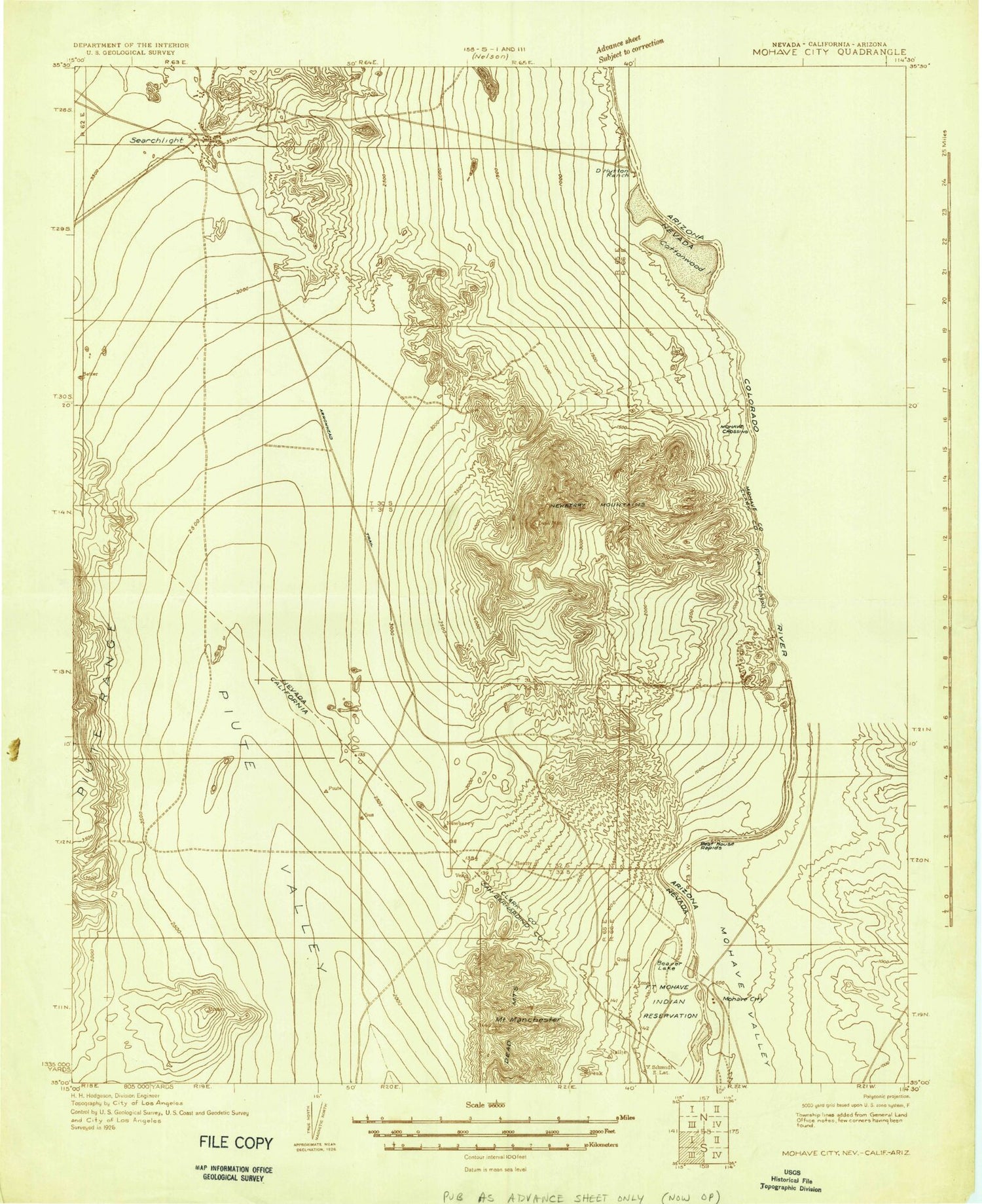 Historic 1926 Mohave City Nevada 30'x30' Topo Map Image
