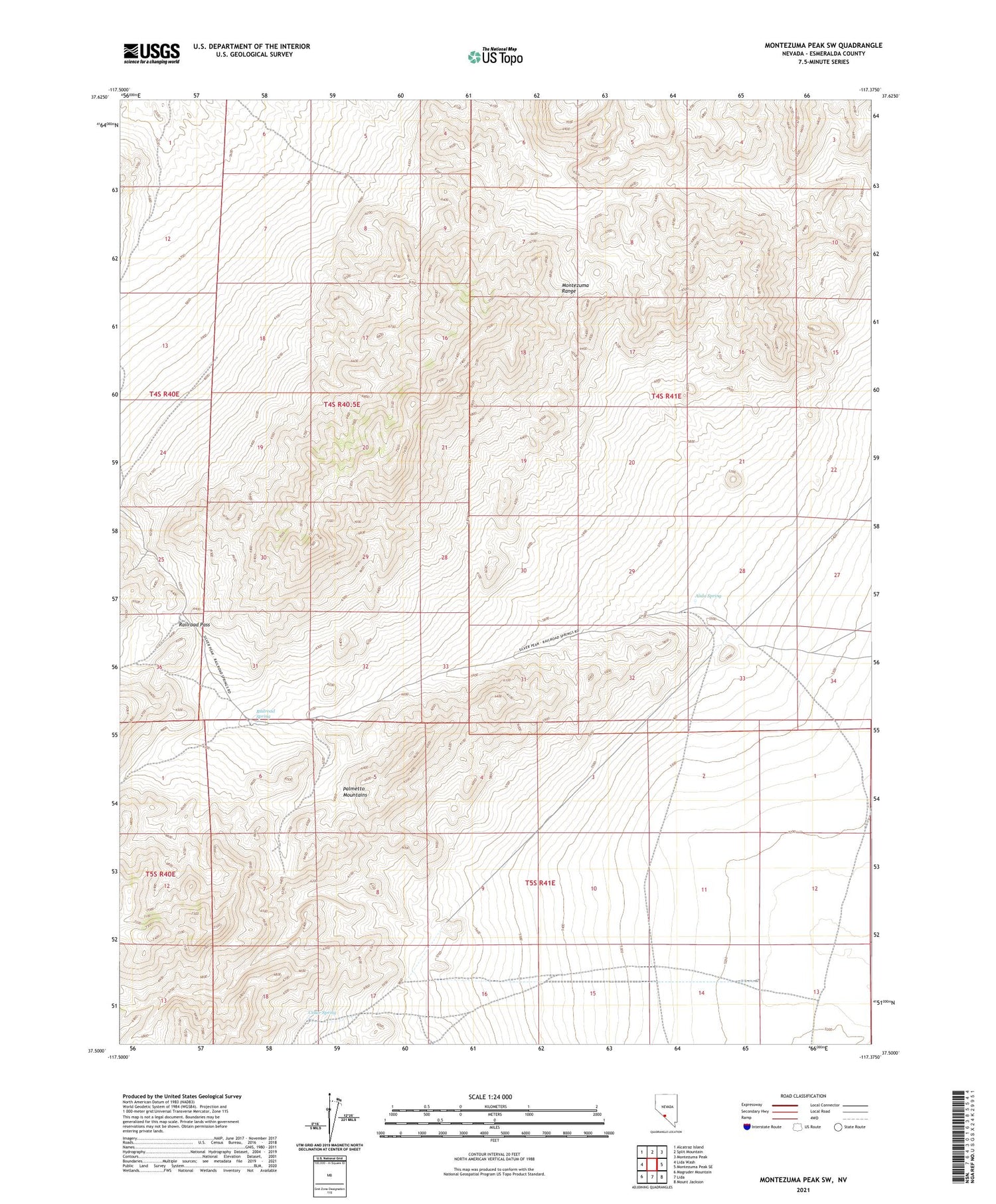 Montezuma Peak SW Nevada US Topo Map Image