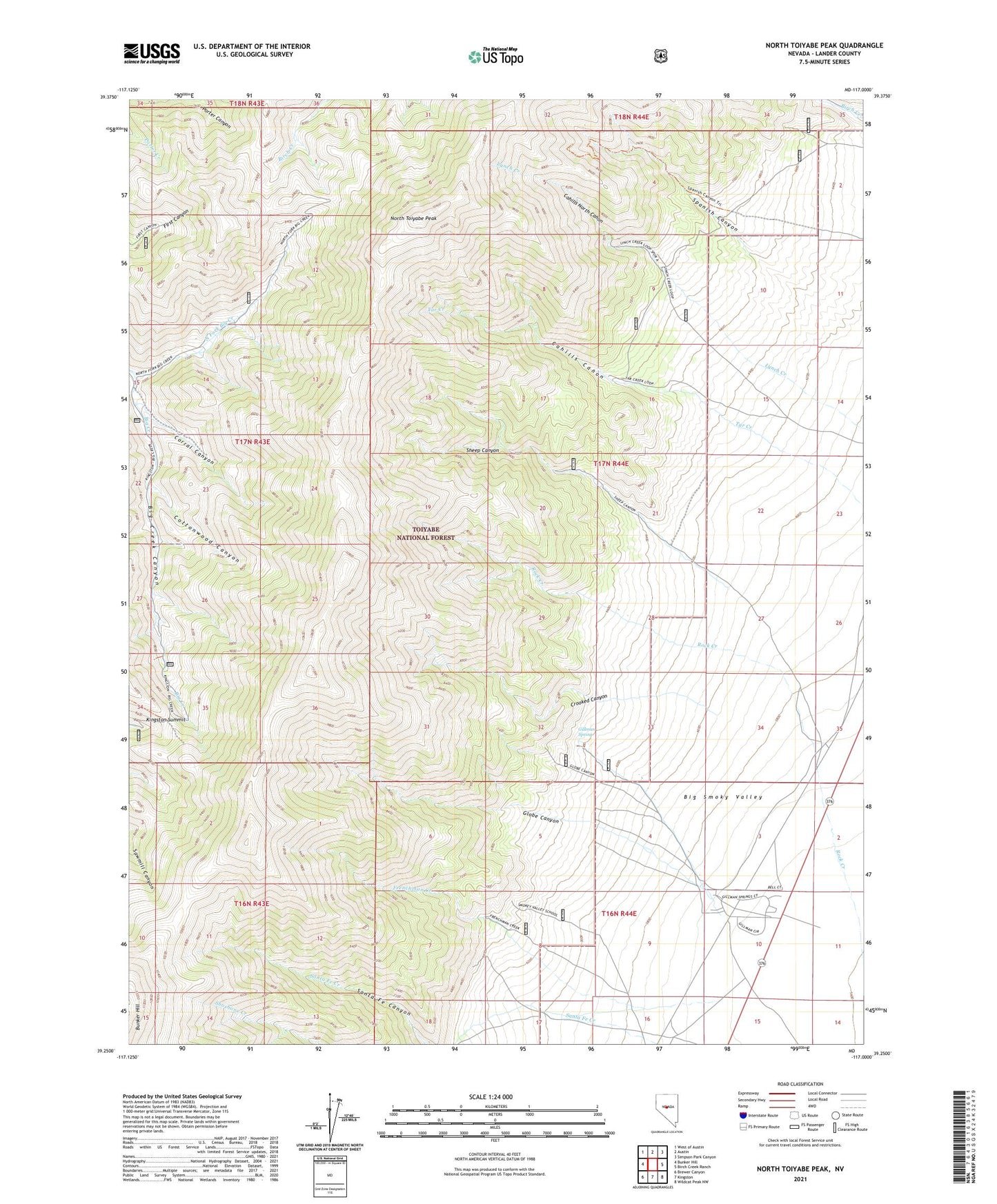 North Toiyabe Peak Nevada US Topo Map Image