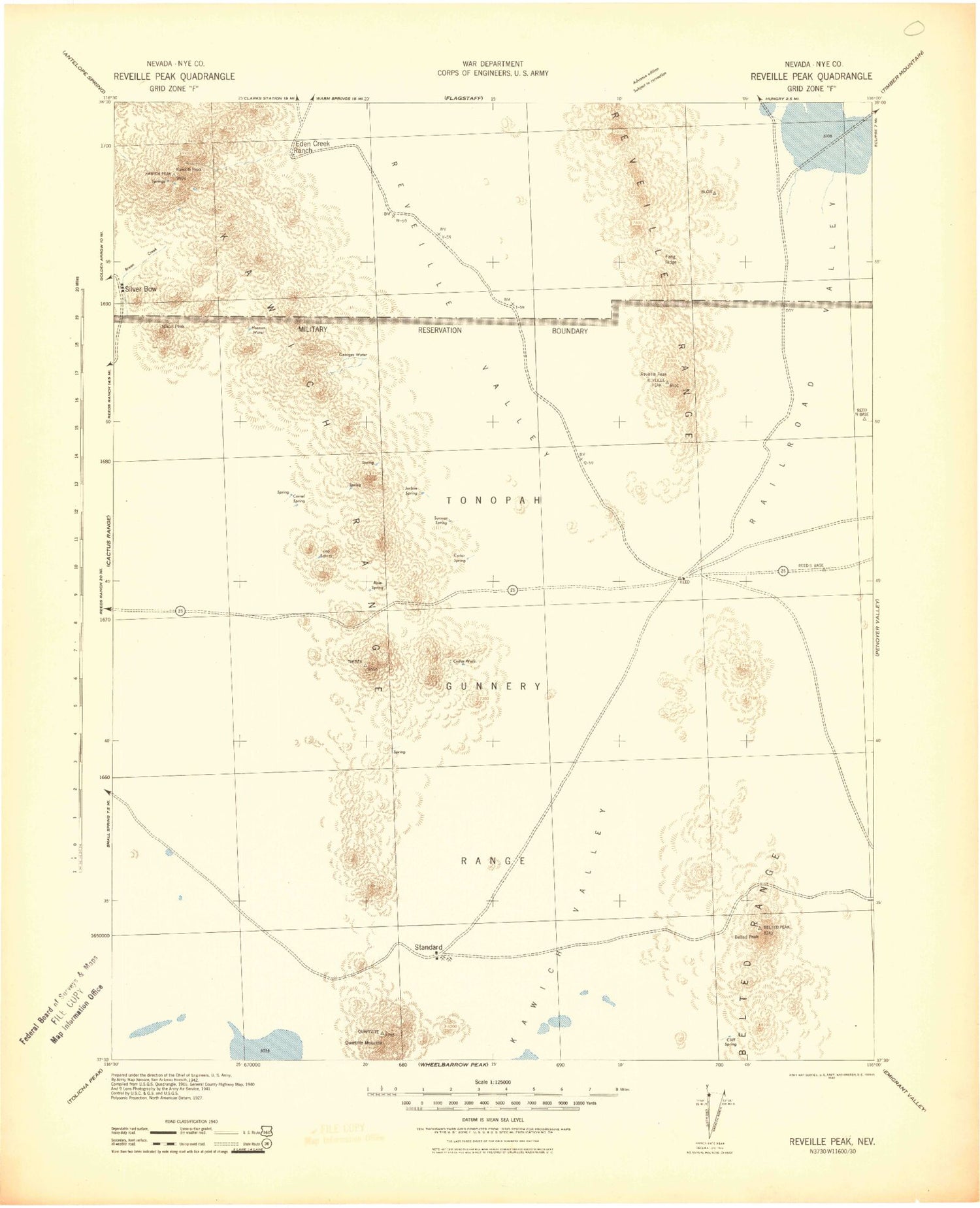 Historic 1942 Reveille Peak Nevada 30'x30' Topo Map Image
