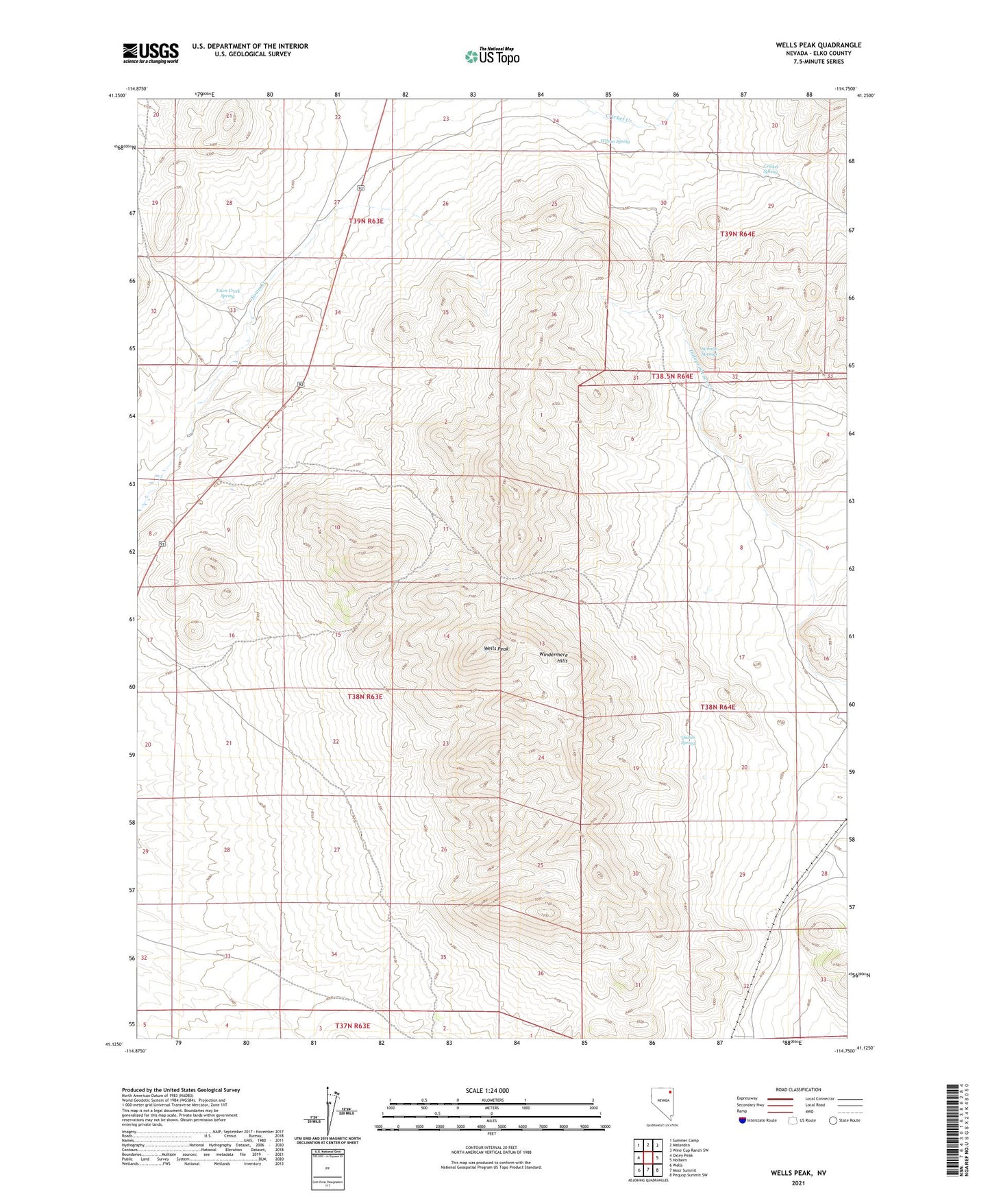 Wells Peak Nevada US Topo Map Image