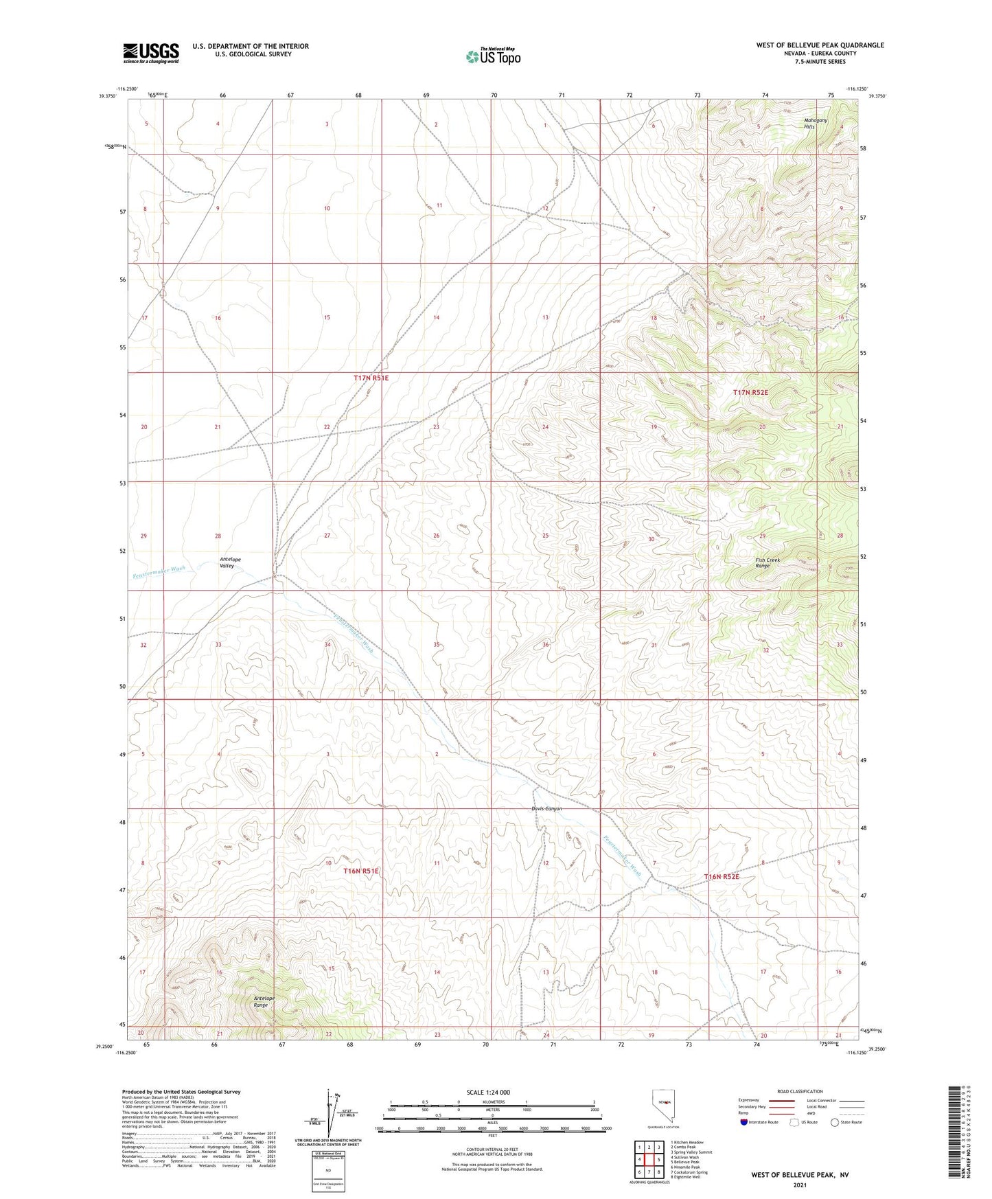 West of Bellevue Peak Nevada US Topo Map Image