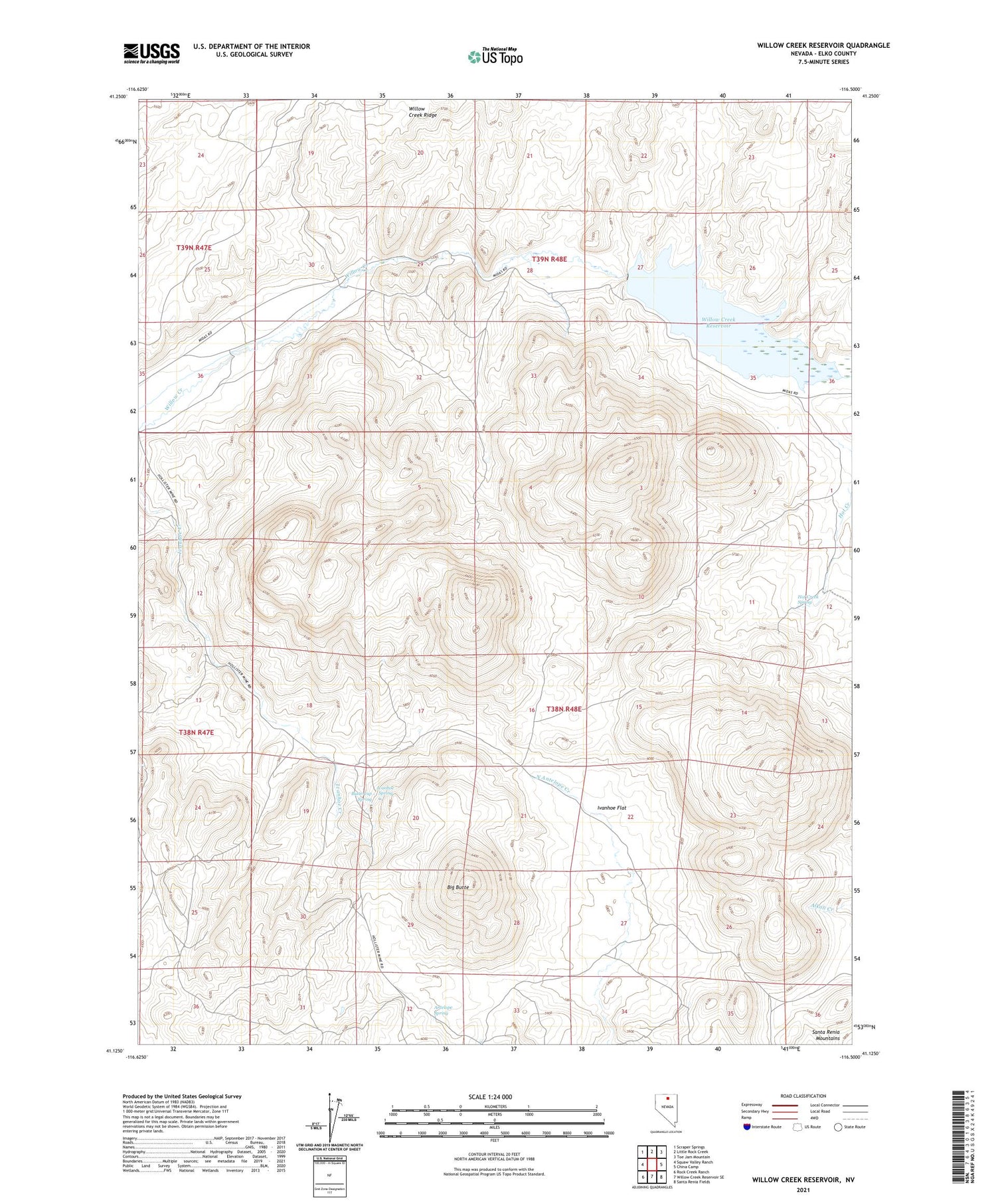 Willow Creek Reservoir Nevada US Topo Map Image