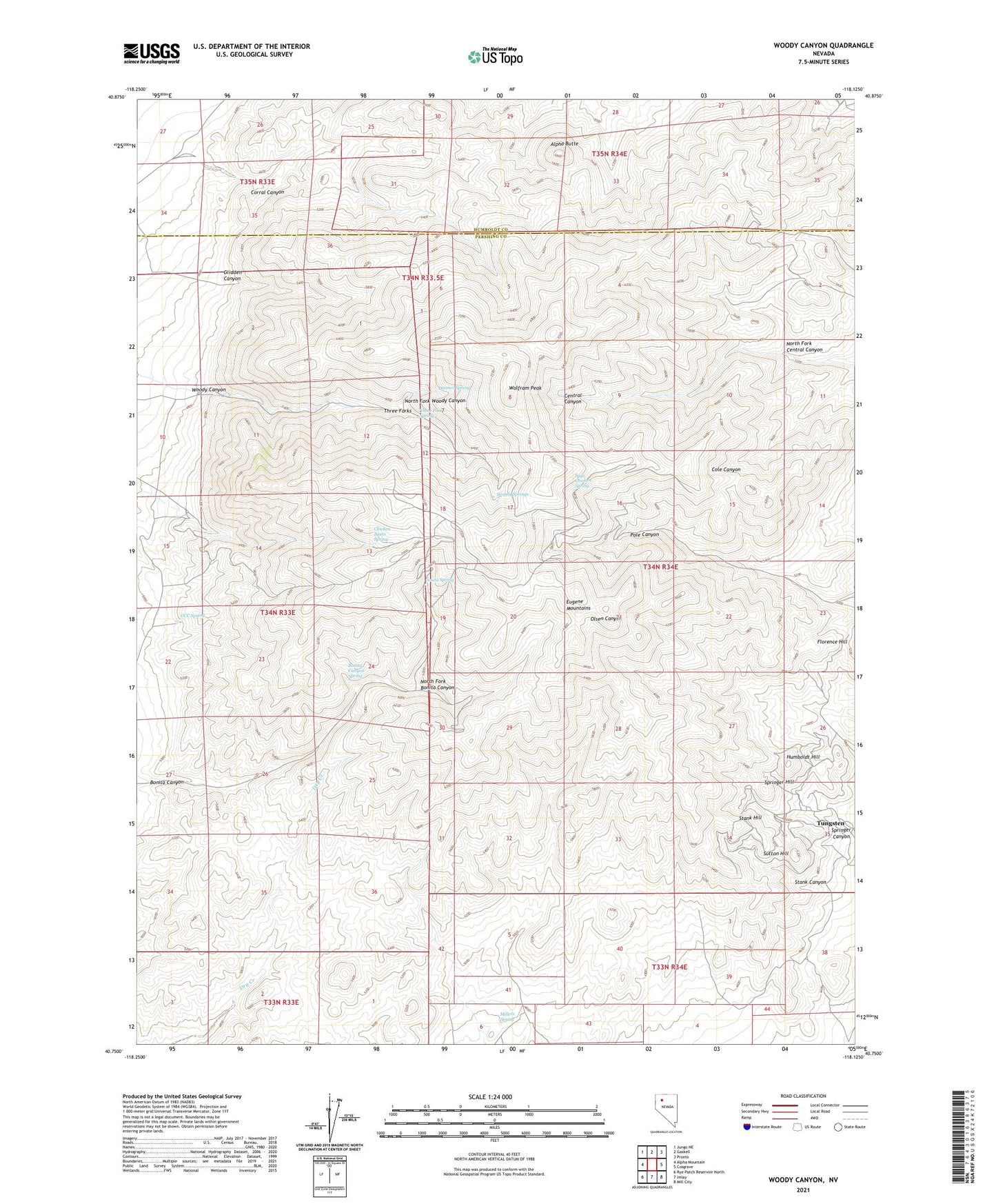 Woody Canyon Nevada US Topo Map Image