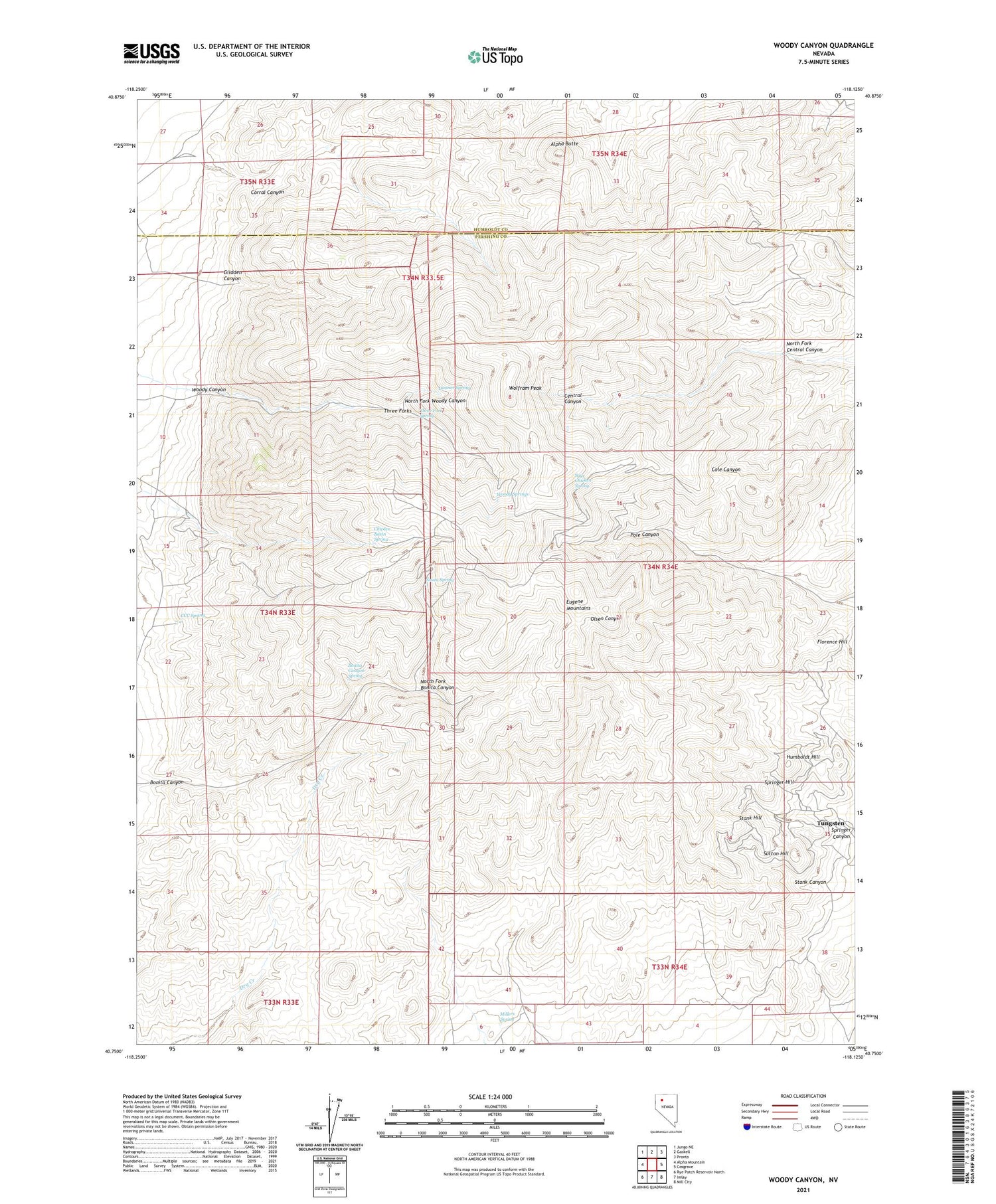 Woody Canyon Nevada US Topo Map Image