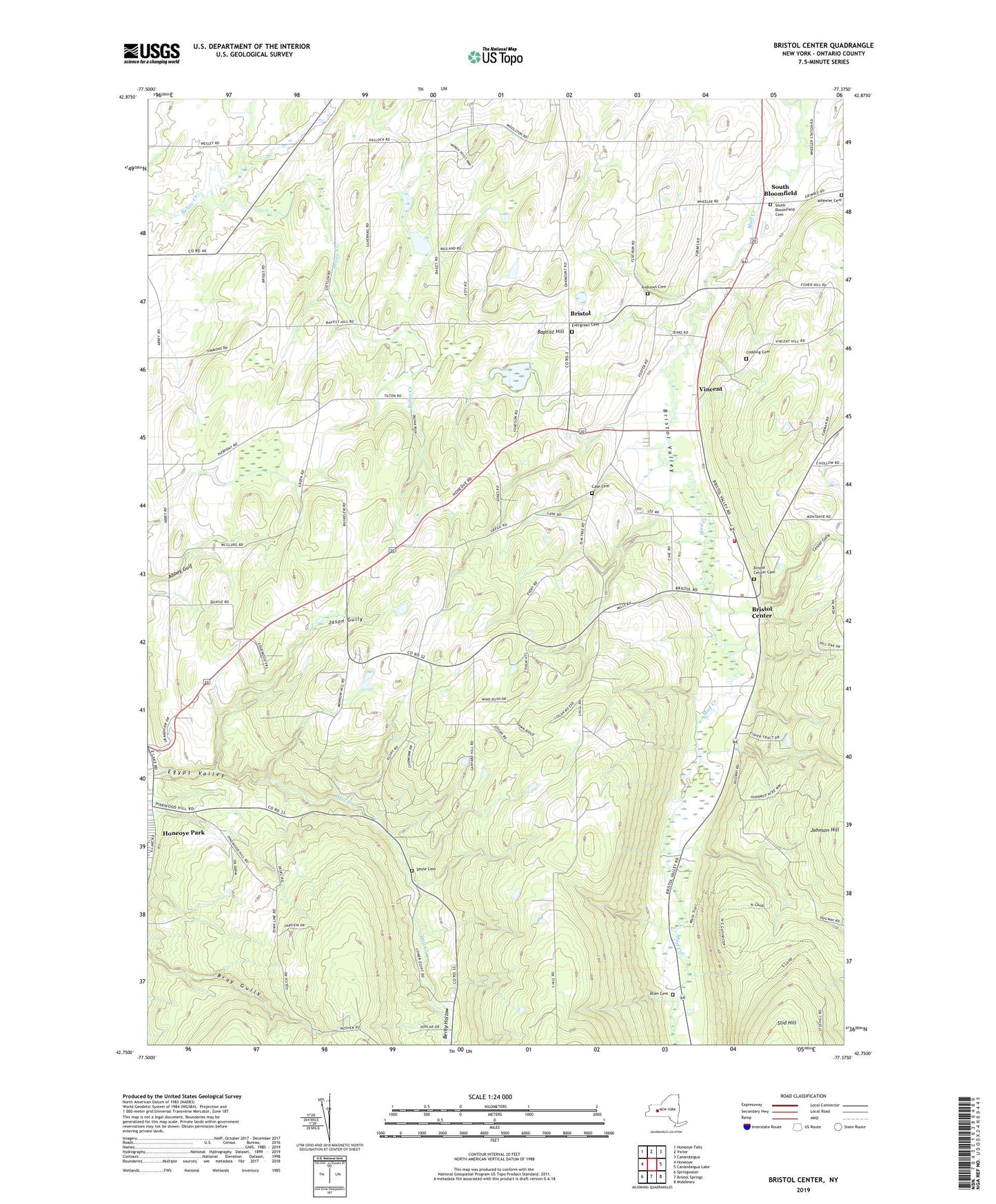 Bristol Center New York US Topo Map Image