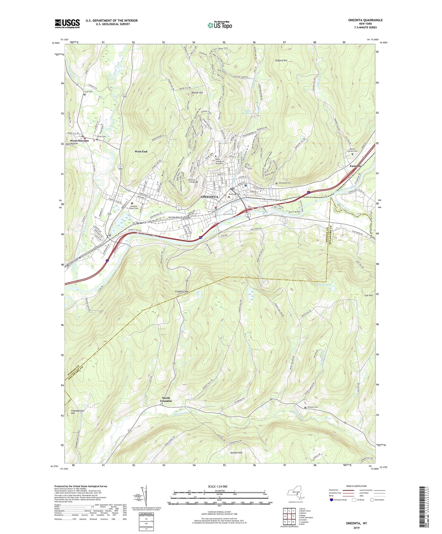 Oneonta New York US Topo Map Image