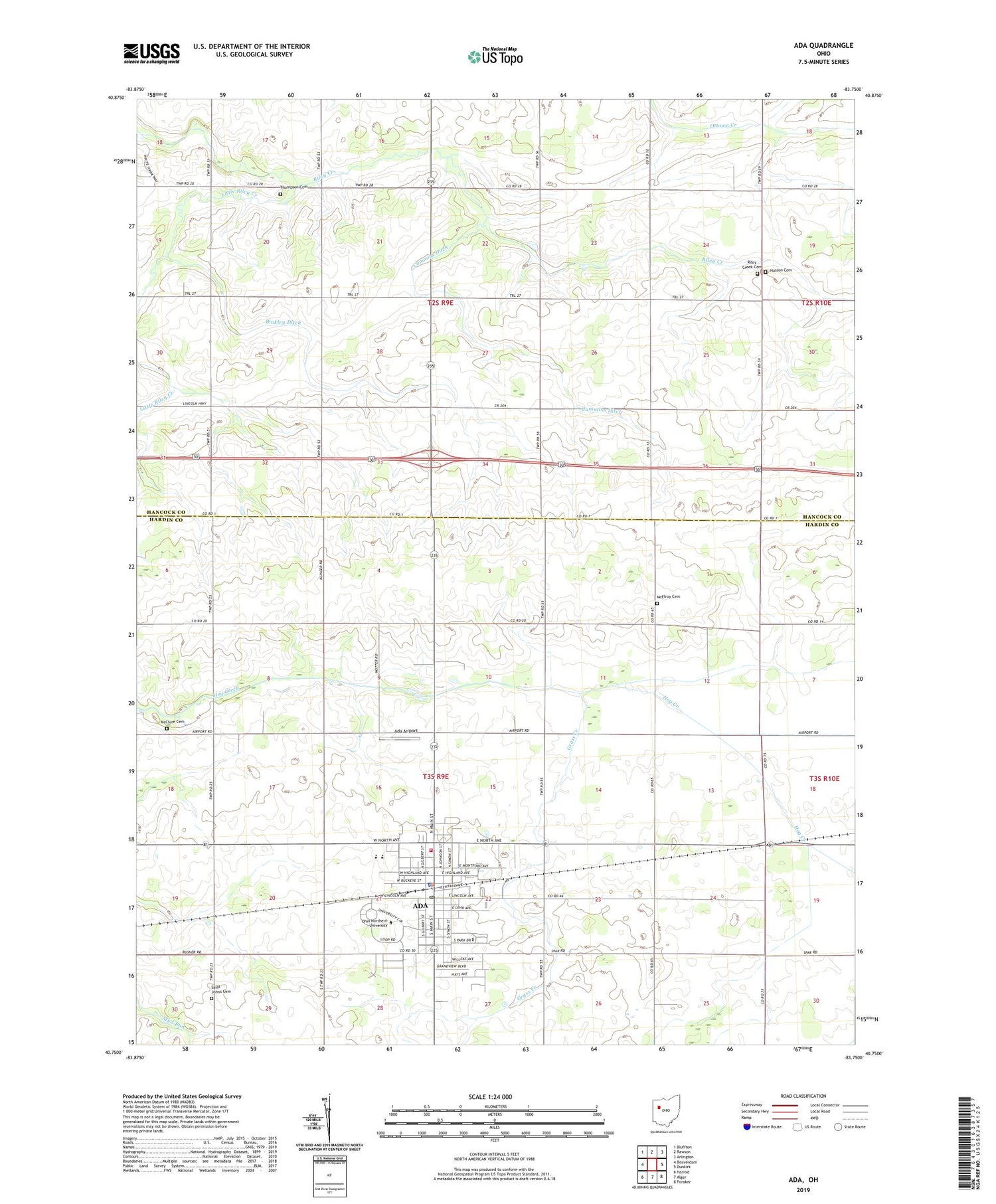 Ada Ohio US Topo Map Image