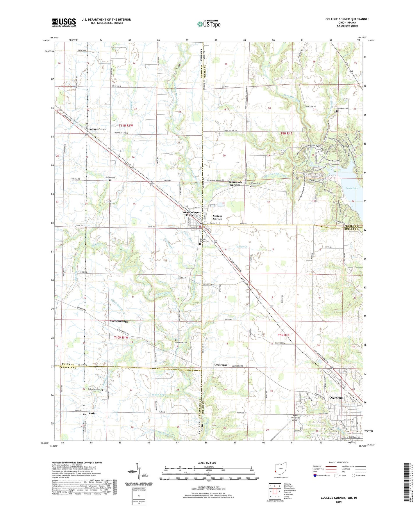 College Corner Ohio US Topo Map Image