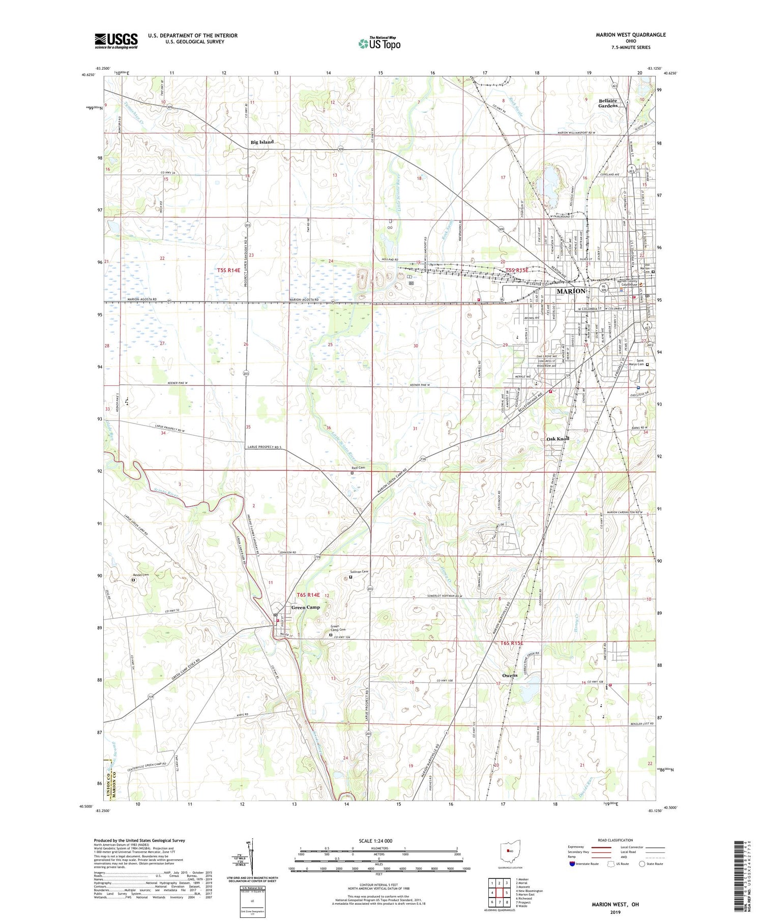 Marion West Ohio US Topo Map Image