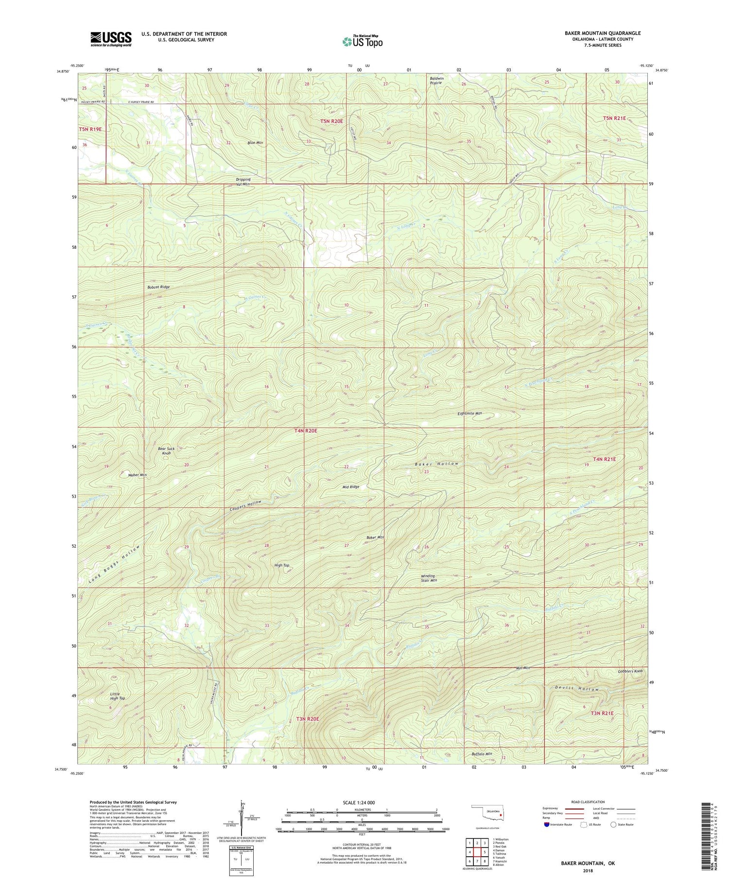 Baker Mountain Oklahoma US Topo Map Image