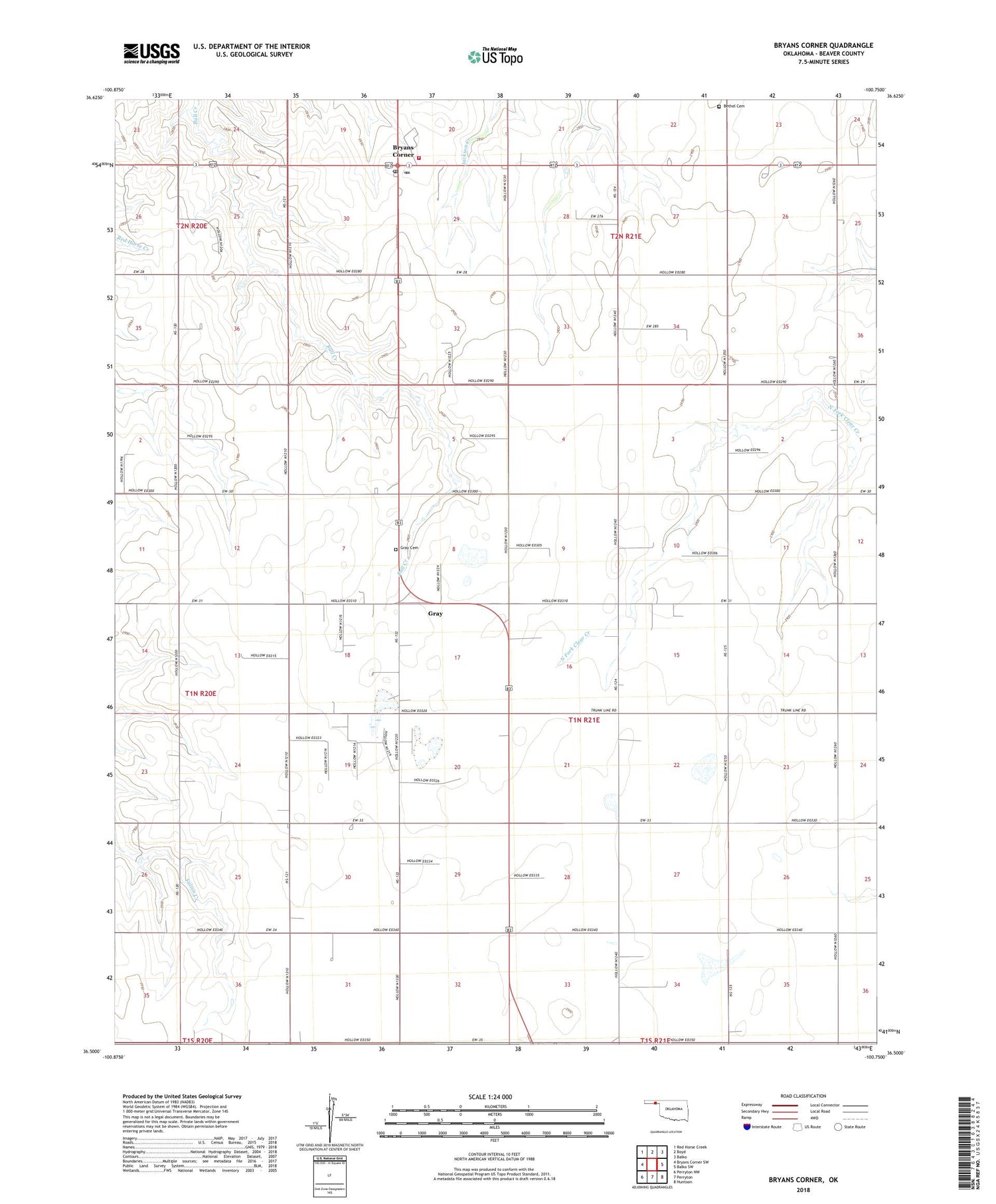 Bryans Corner Oklahoma US Topo Map Image